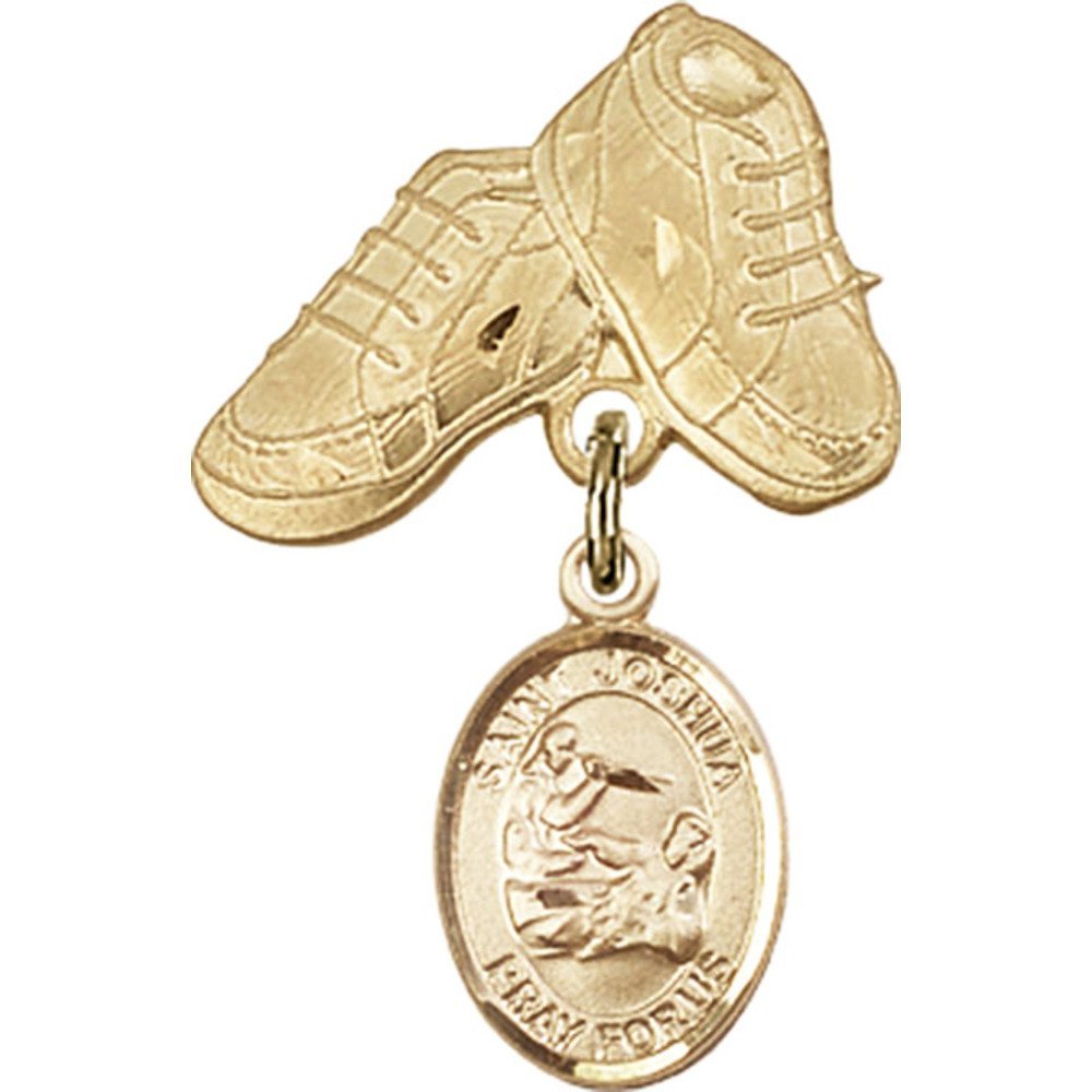Bonyak Gold Filled St. Joshua Medal Charm with Baby Boots Pin - 1 X 5/8 Inch Religious Jewelry for Baptism, Christening & First Communion Gifts