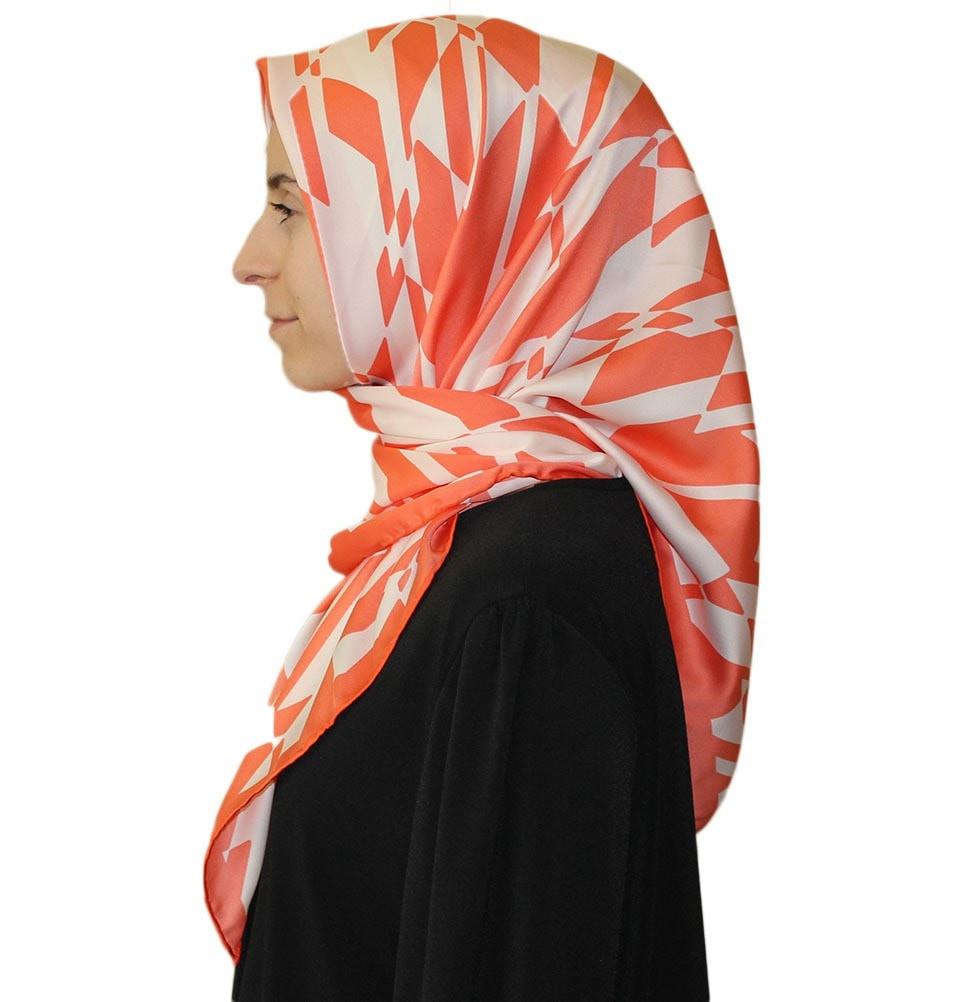 Aker Satin Square Hijab Scarf 6749 965 Orange & White - Soft Muslim Headscarf for Women, Breathable Fashion Accessory for Daily Wear, Work, and Special Occasions