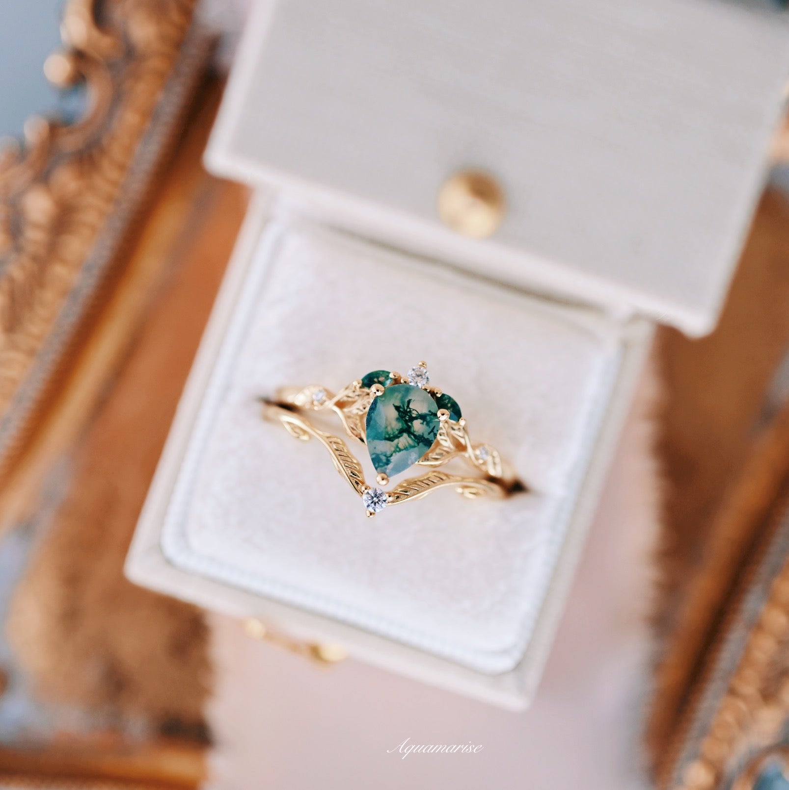 14K Solid Yellow Gold Green Moss Agate Feather Ring Set for Women - Elegant Nature-Inspired Jewelry for Everyday Wear, Gift Giving & Special Occasions