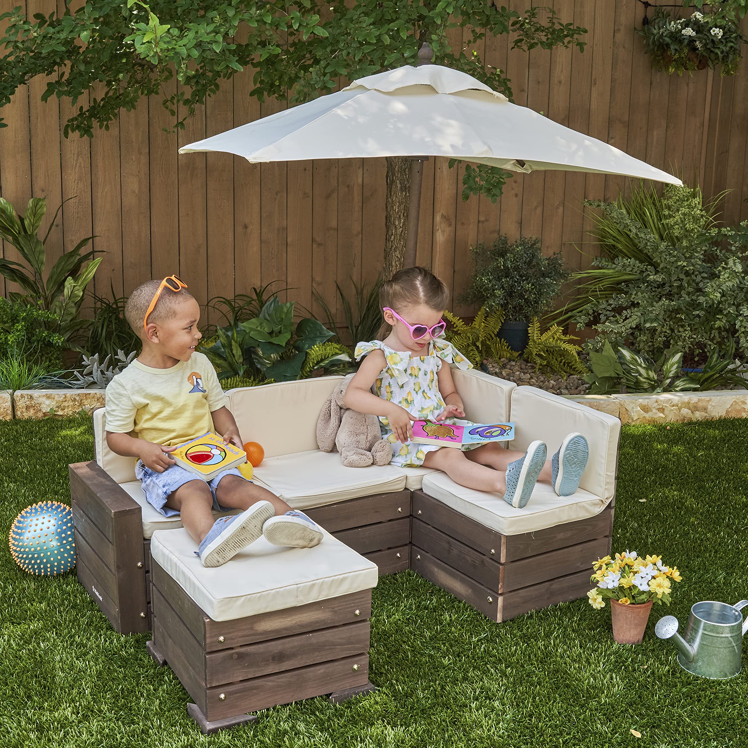 KidKraft Wooden Outdoor Sectional Ottoman & Umbrella Set with Cushions - Bear Brown & Beige Patio Furniture for Kids, Pets - Perfect for Backyard, Garden, Playhouse and Poolside Relaxation