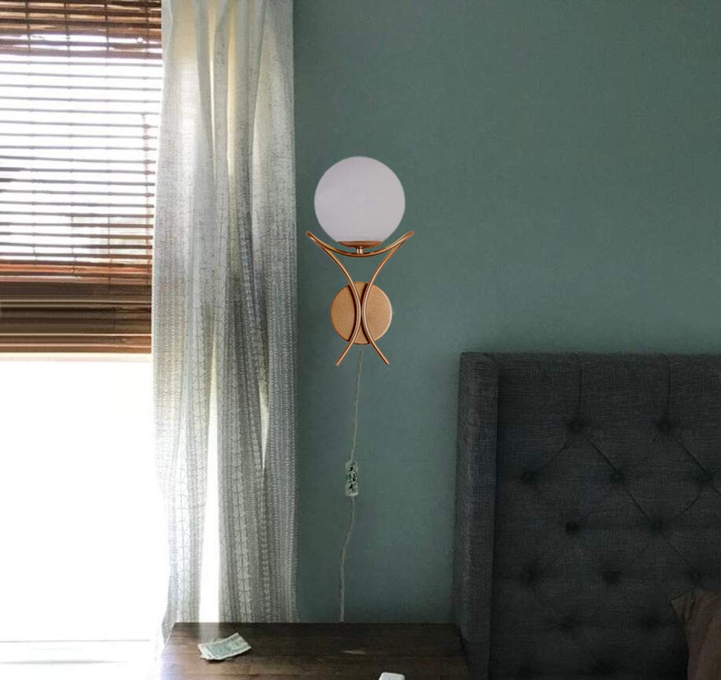 Kiven 1 Light Plug-in Wall Sconce Fixture with White Globe Glass & Satin Copper Finish - Perfect for Bedroom, Hallway, and Living Room Lighting