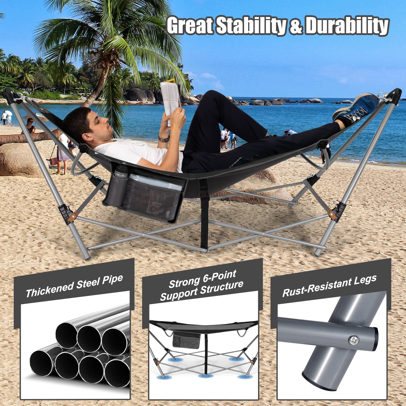 Giantex Portable Folding Hammock with Stand - Heavy Duty Camping Hammock Bed for Indoor & Outdoor Use, Patio, Yard, Beach - Includes Side Pocket, Anti-Tip Buckles & Iron Frame - Perfect for Relaxing, Camping, Backyard Lounging (Black)