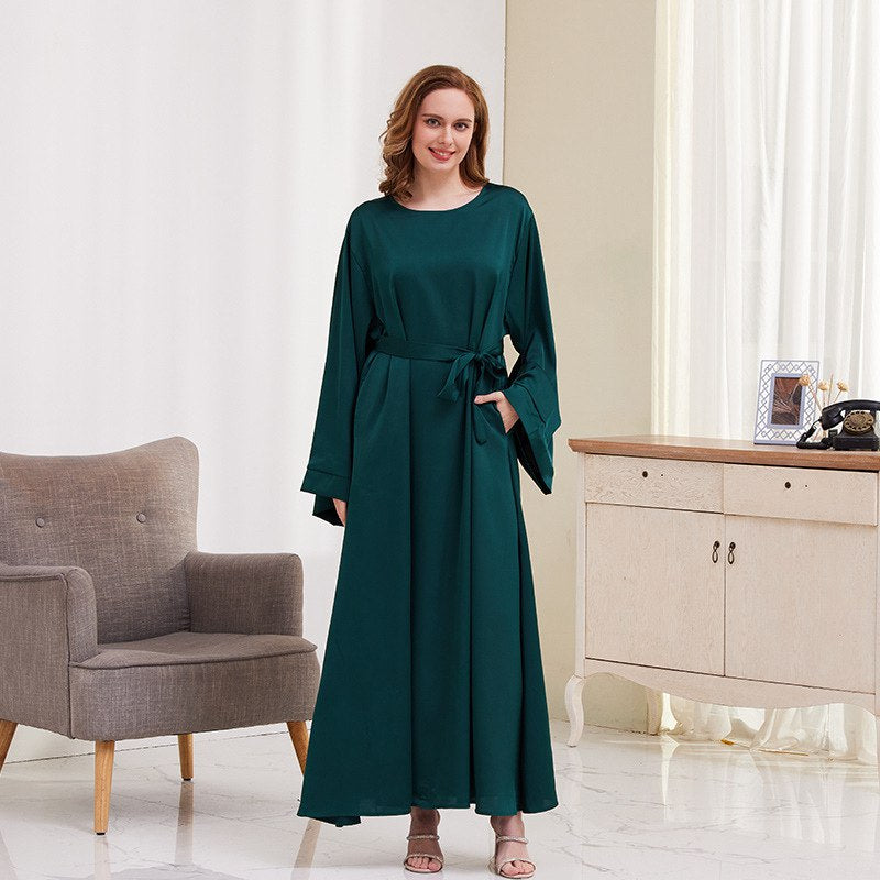 13 Color Options Solid Color Muslim Women Satin Abaya Dress - Modest Islamic Prayer Dress for Middle East & Turkish Style - Perfect for Eid, Mosque & Special Occasions