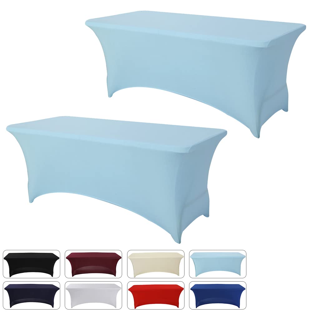 2 Pack Stretch Spandex Table Cover for Standard 6FT Folding Tables - Universal Rectangular Fitted Tablecloth Protector for Party, Wedding, Banquet & Outdoor Events - Light Blue Elastic Tablecloth (Fits Most 6 Foot Tables)