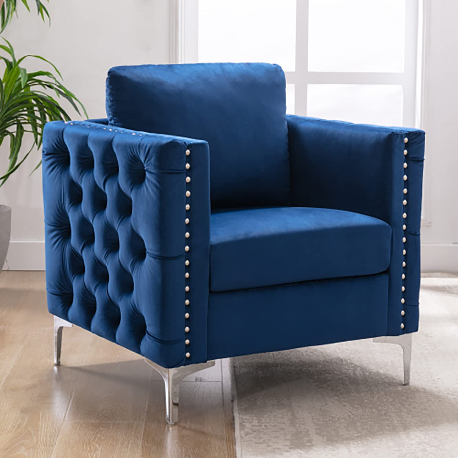 QWEZXCMI Modern Velvet Tufted Accent Armchair with Steel Legs - Blue Velvet Club Chair for Living Room, Bedroom & Office | Stylish Seating for Home Decor, Lounge & Relaxation