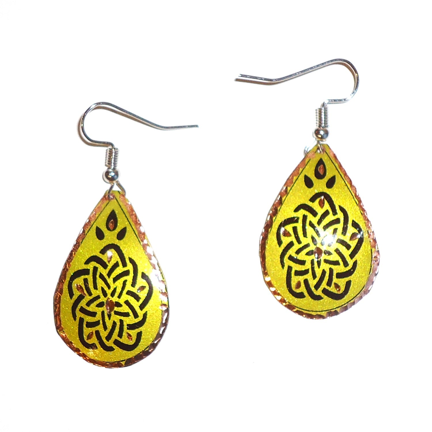 Handmade Etched Copper Floral Earrings with Chartreuse Teardrop Dangles - Boho Chic Jewelry for Women, Perfect for Weddings, Parties & Everyday Wear
