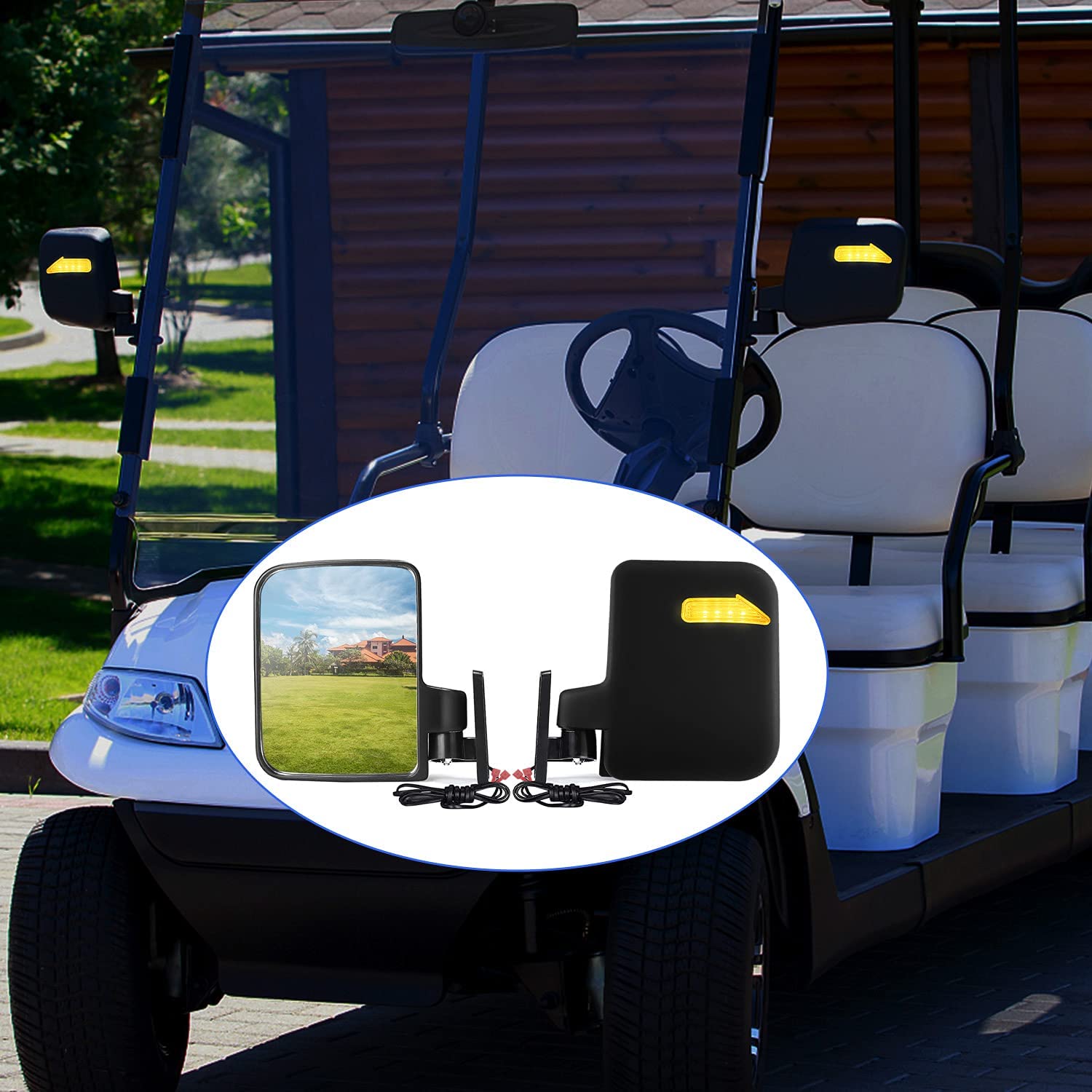Universal Golf Cart Side Mirrors with Turn Signal Lights - Rear View Mirror Compatible with Club Car, EZGO & Yamaha Golf Carts - Perfect for Safe Driving on Golf Courses & Neighborhood Streets