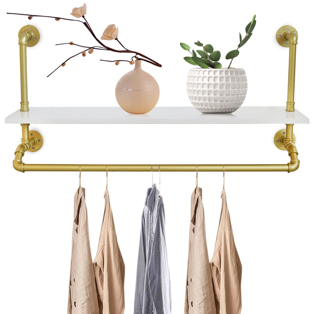 Modern Floating Shelves Wall Mounted - Gold Pipe Garment Rack with Wood Storage Shelf & Closet Rods - Space Saving Wall Shelving for Bedroom, Bathroom, Kitchen & Living Room - Perfect for Organizing Clothes, Decor & Essentials