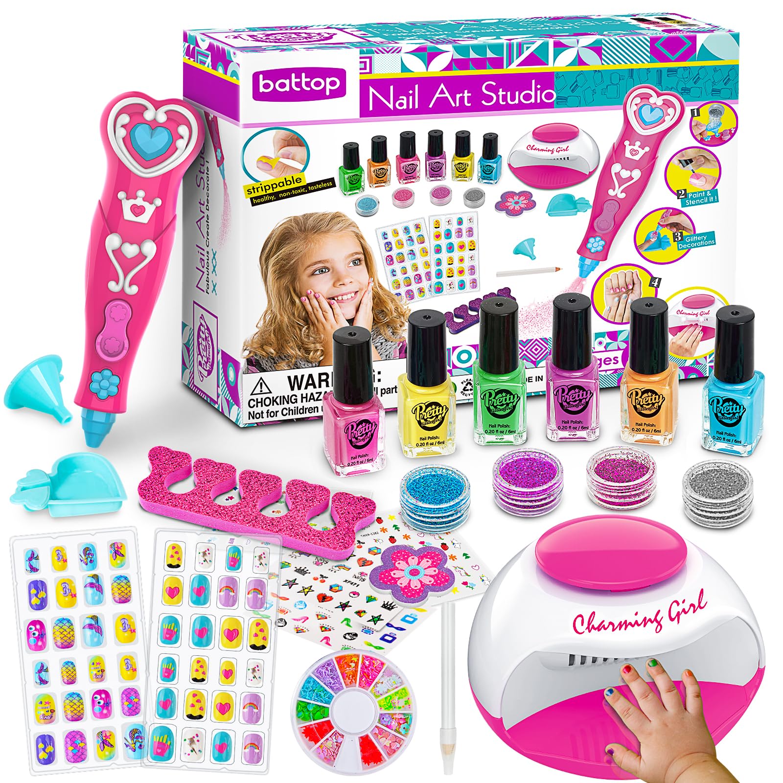BATTOP Non-Toxic Kids Nail Polish Set for Girls Ages 6-12 - 10 Colors Quick Dry Peel Off Nail Art Kit with Nail Dryer & Glitter Pen | Safe Christmas Birthday Gift for Girls | Perfect for DIY Nail Art, Parties & Playdates