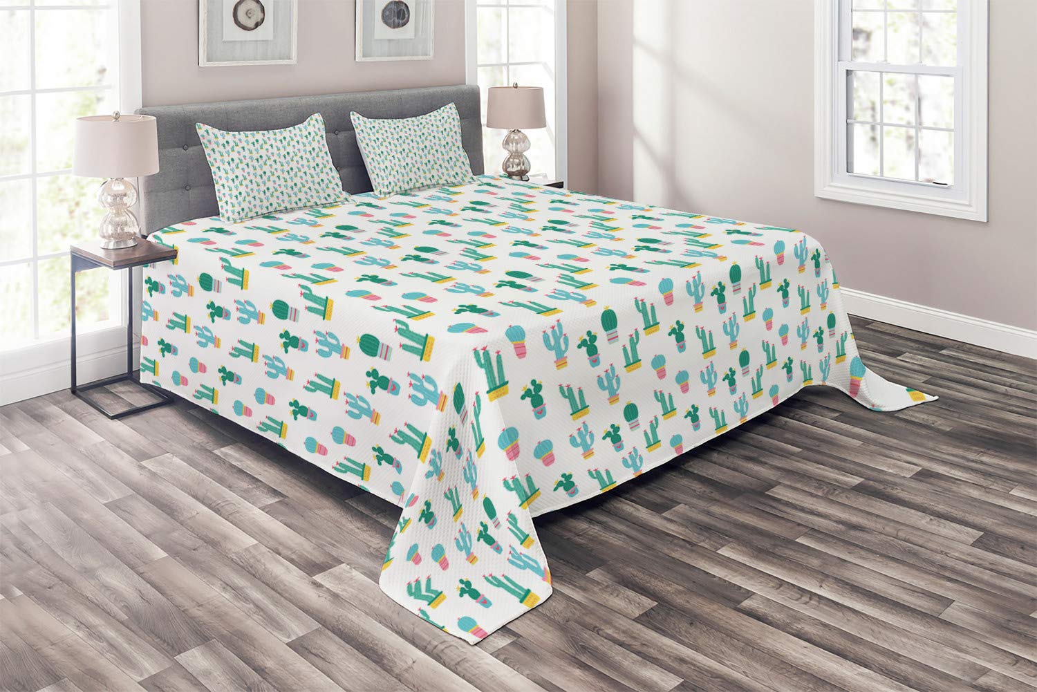 Ambesonne Cactus Bedspread Set - King Size 3-Piece Quilted Coverlet with 2 Pillow Shams, Continuous Cartoon Cactus in Pots Design, Multicolor Boho Home Decor for Bedroom, Living Room & Dorm