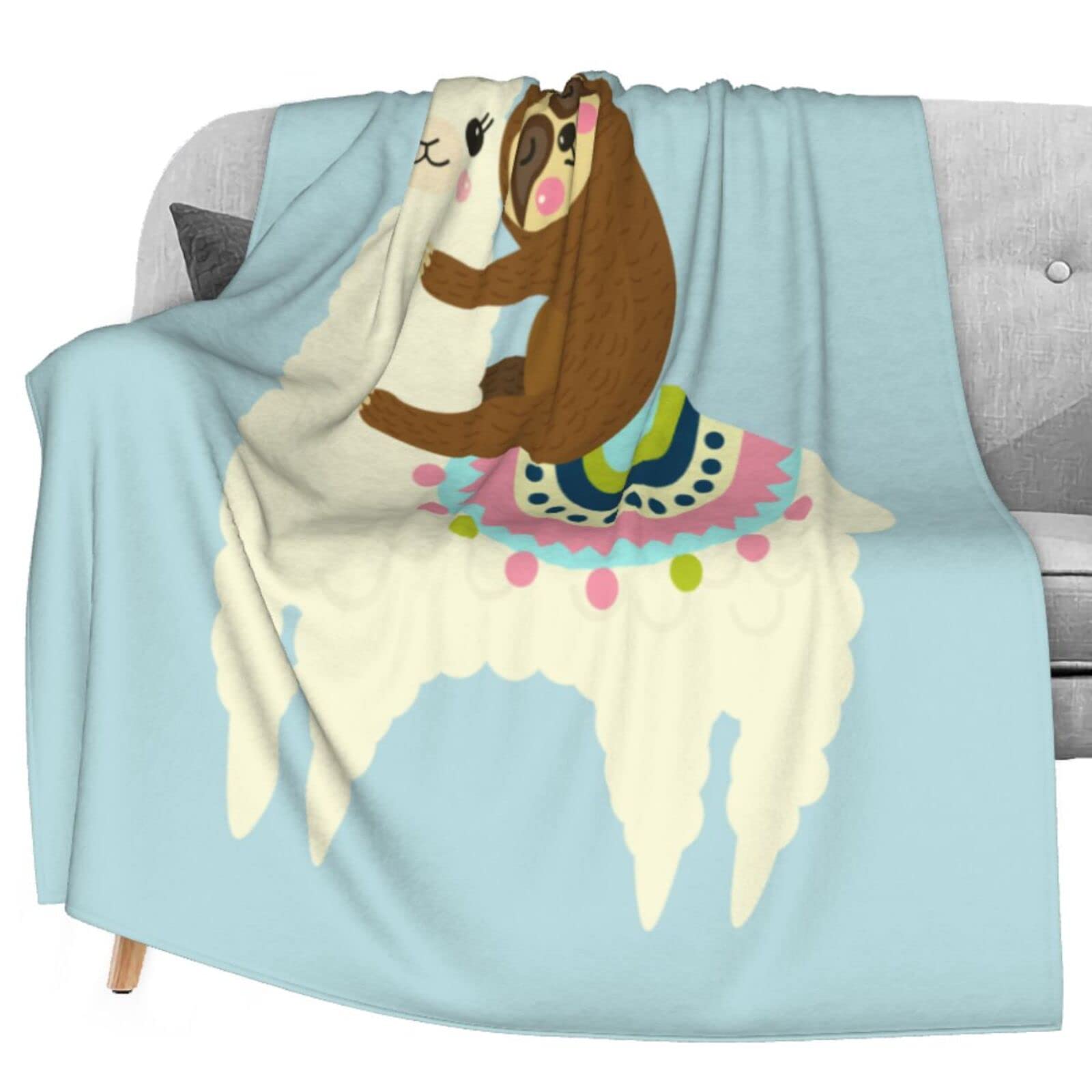 **Delerain Flannel Blanket - Cute Cartoon Llama & Sloth Design - Lightweight, Cozy & Soft Throw Blanket for Bed, Couch, Sofa - All-Season Use - 60