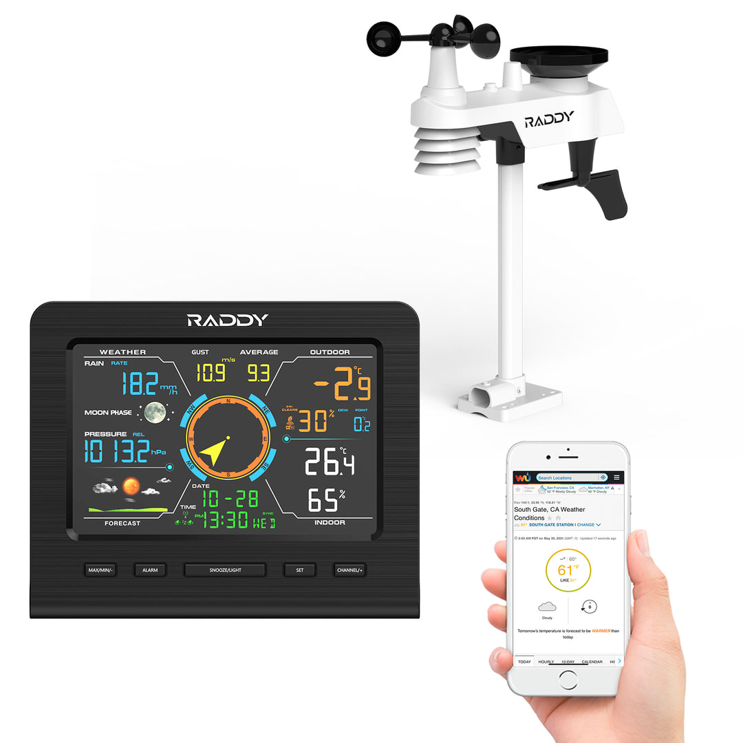 Raddy WF 100C Lite Wireless Weather Station - Indoor Outdoor Thermometer with Temperature, Barometric Pressure, Humidity & Wind Rain Gauge | Perfect for Home, Garden, Farm & Weather Monitoring
