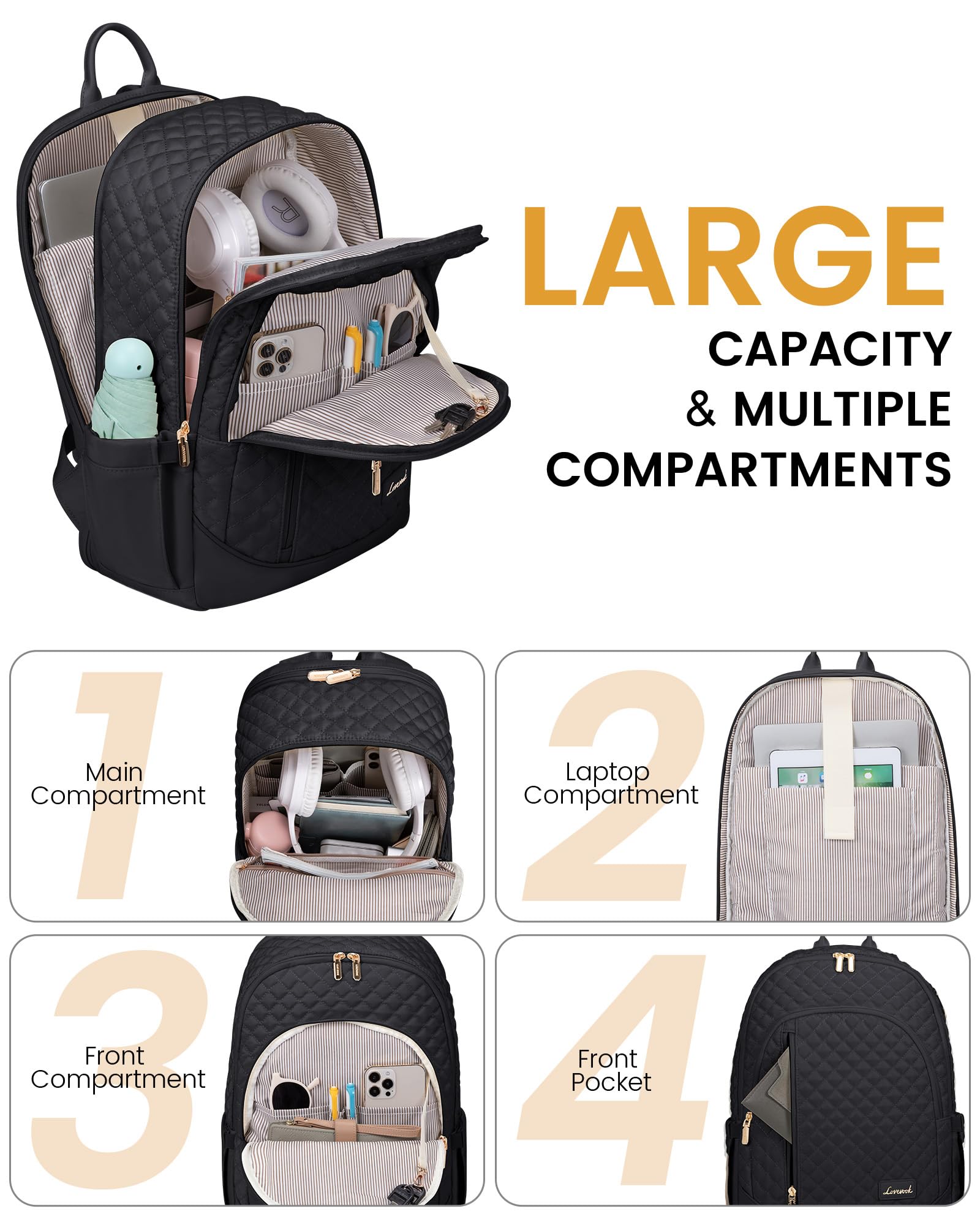 LOVEVOOK 17 Inch Laptop Backpack for Women - Anti Theft Business Travel Backpack with Large Capacity, Lightweight Quilted Design for Work, College, Nursing & Weekender Trips - Perfect for Commuting, Business Trips & Daily Use (Black)