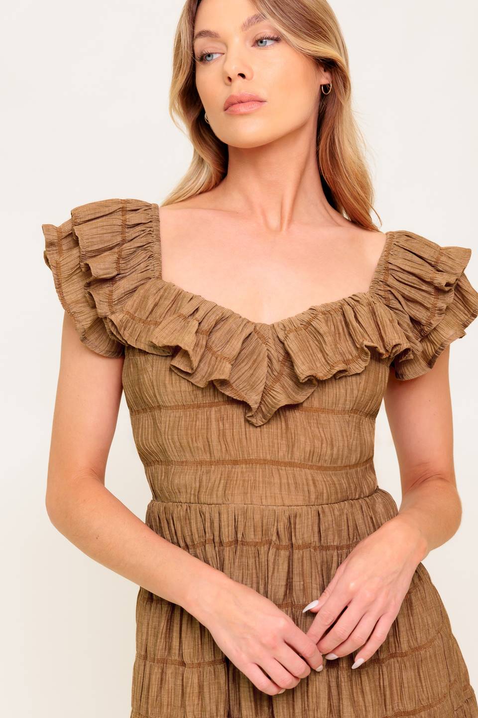 Natural Balance Brown Shirred Midi Dress - Elegant & Comfortable Casual Wear for Women | Perfect for Brunch, Office & Date Nights
