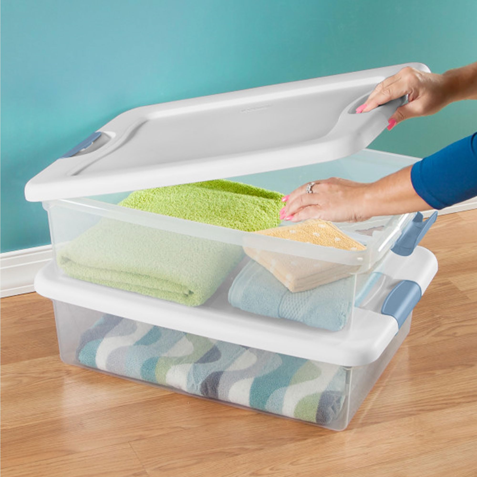 Sterilite 12-Pack 32 Quart Clear Plastic Storage Bins with Lids - Stackable Latching Boxes for Home Organization, Closet Storage & Garage Organization