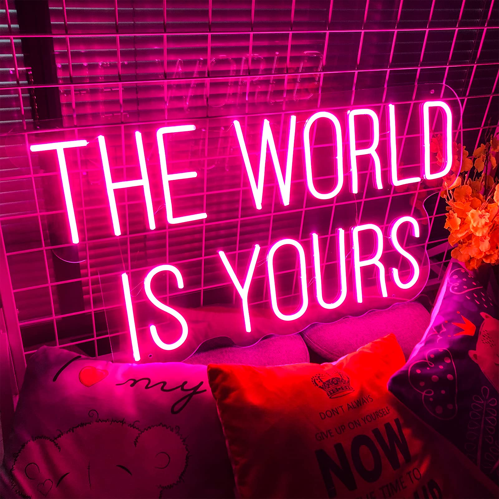 The World Is Yours LED Neon Sign - 25.9×13.4 Inch Pink Acrylic Light Up Wall Decor for Bedroom, Living Room, Office, Bar | Perfect for Christmas, Parties, Weddings & Gifts