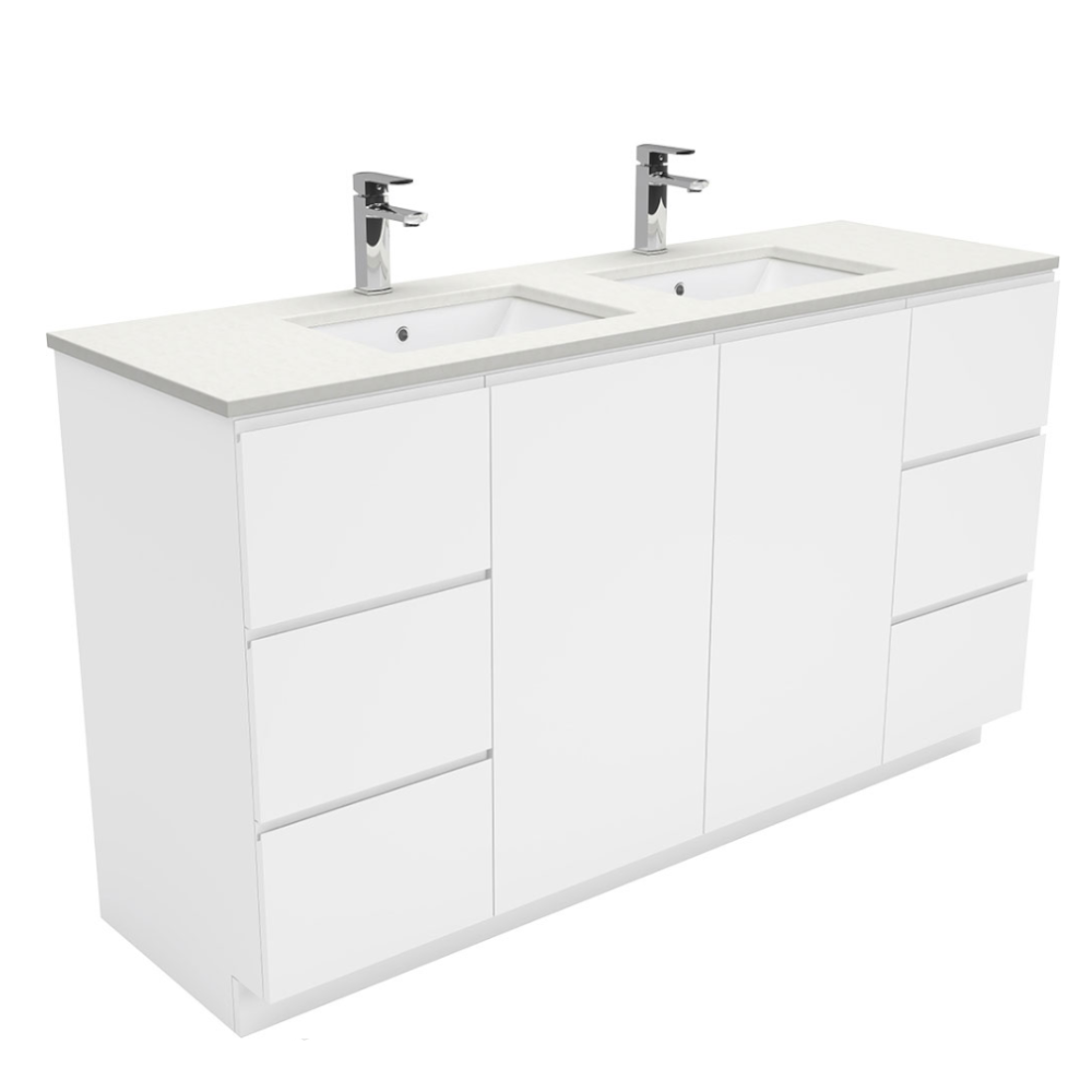 Fienza SC150CD White Undermount Double Basin Vanity Unit with Crystal Pure Stone Top & Fingerpull - 1500mm Modern Bathroom Sink Cabinet with Kickboard for Contemporary Home Decor