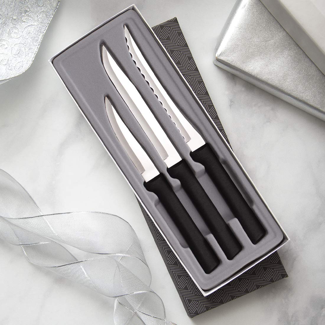Rada Cutlery 3-Piece Kitchen Knife Set with Sharpener - Chef Knife, Paring Knife & Utility Knife with Black Ergonomic Handles - Perfect for Home Cooking, Gift Giving & Food Prep