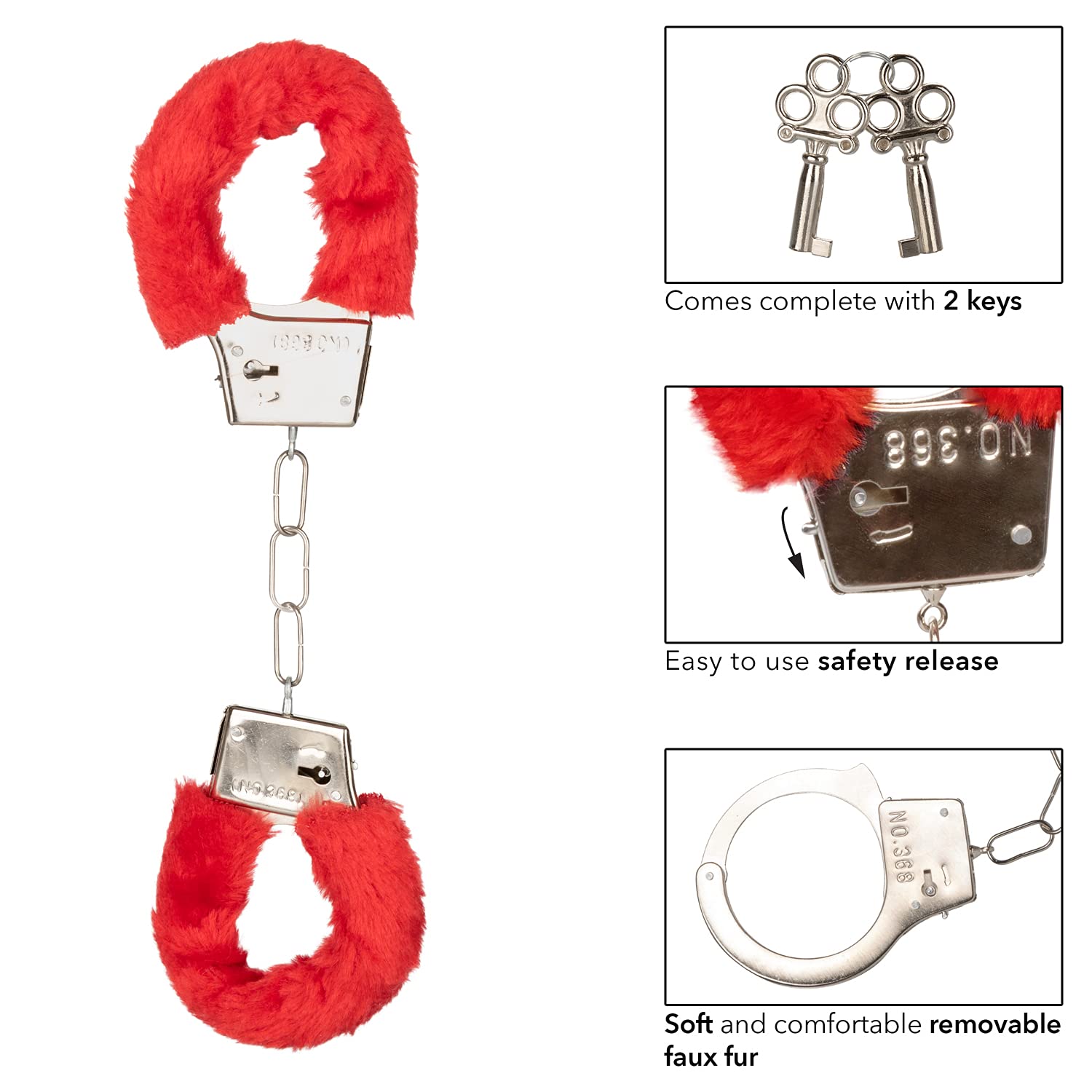 CalExotics Playful Furry Handcuffs in Red - Soft & Fluffy Restraints for Couples Play, BDSM, and Role-Playing Scenes