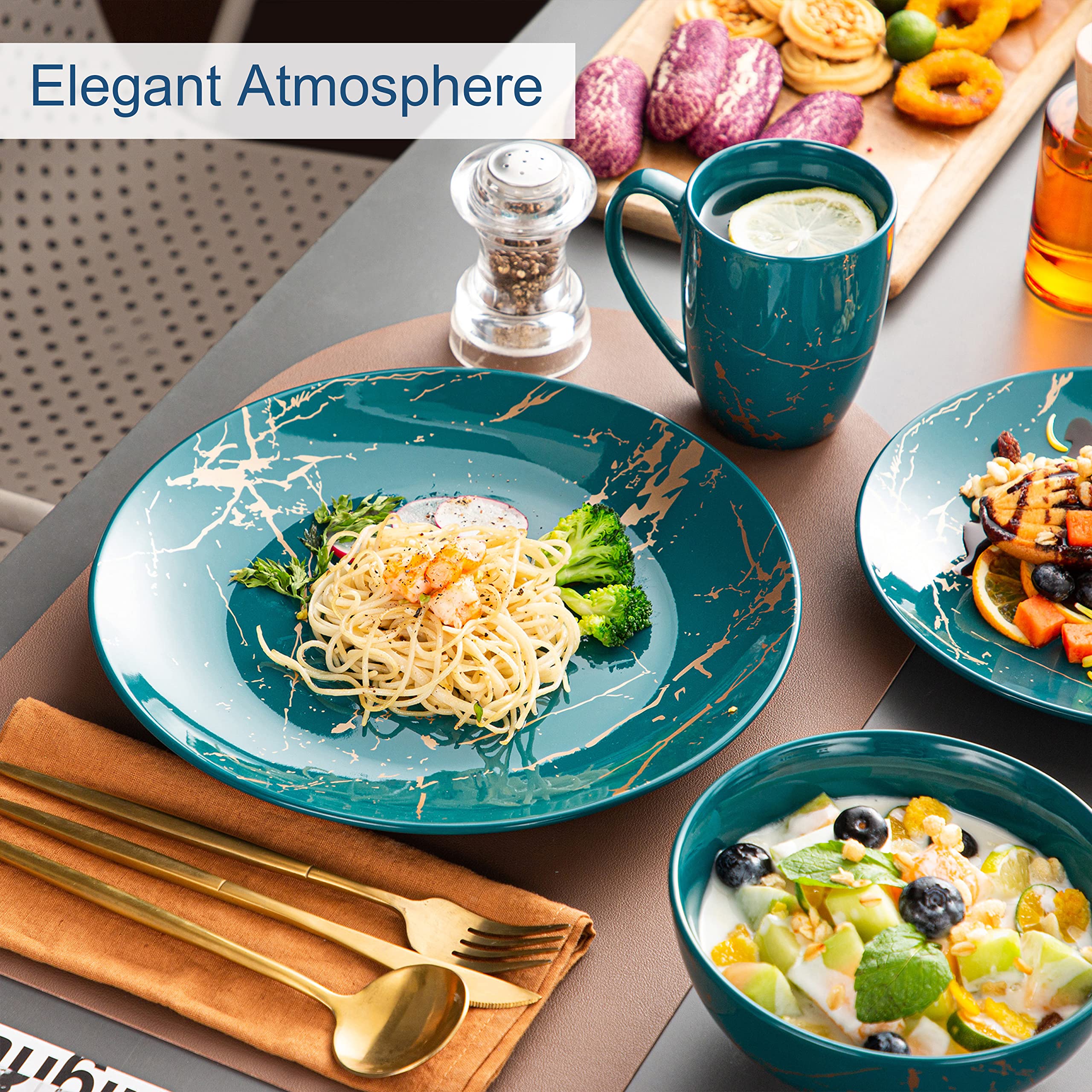 LOVECASA 16-Piece Porcelain Dinnerware Set for 4 - Gold Trim Dark Green Plates, Bowls & Mugs - Elegant Dinner Plates, Dessert Plates & Soup Bowls - Perfect for Family Dinners, Holiday Entertaining & Restaurant-Style Dining