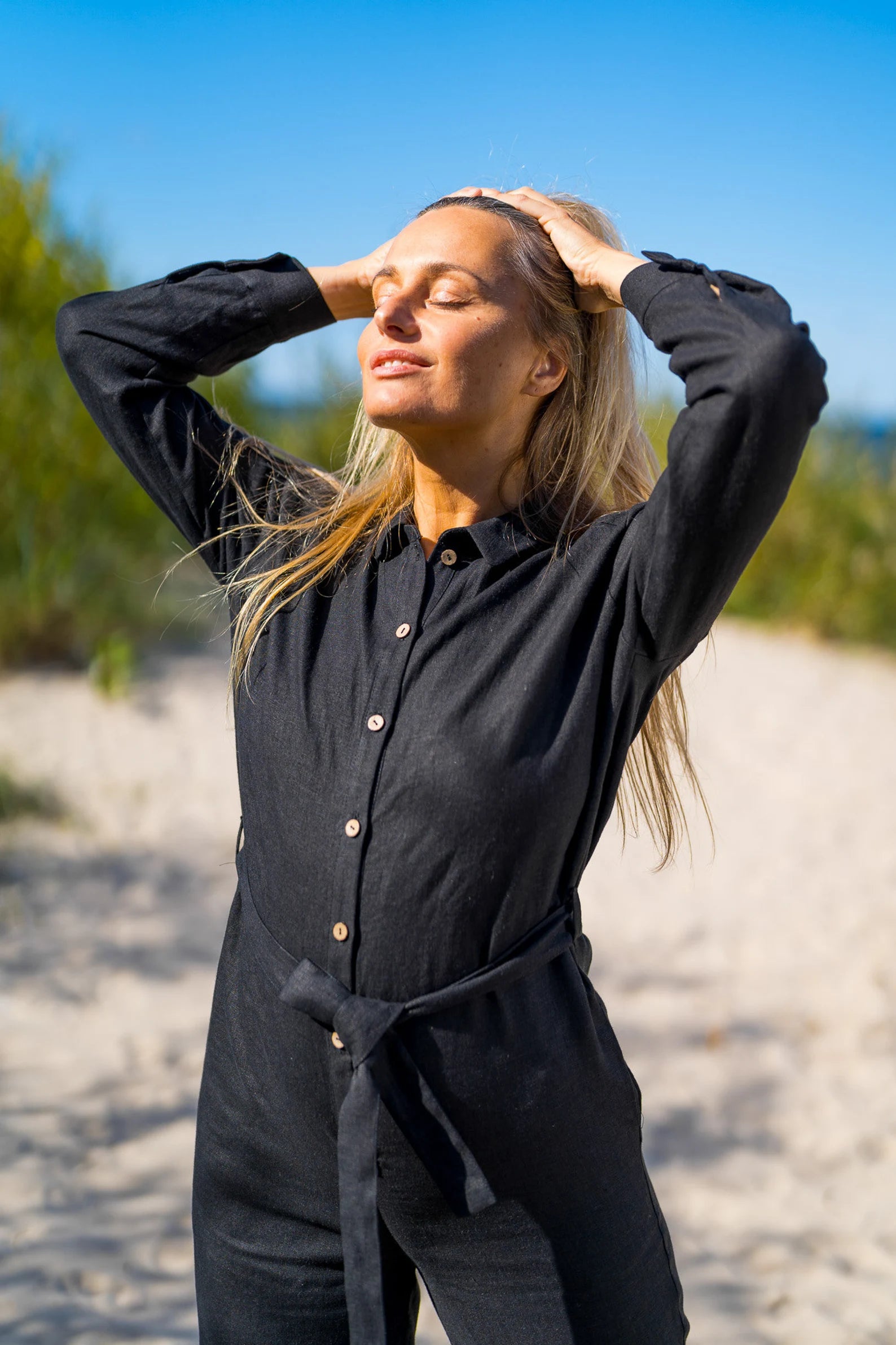 Linen Jumpsuit for Women - LUGANO Black Romper with Pockets | Casual Summer Outfit, Beach Cover-Up, and Travel Essential