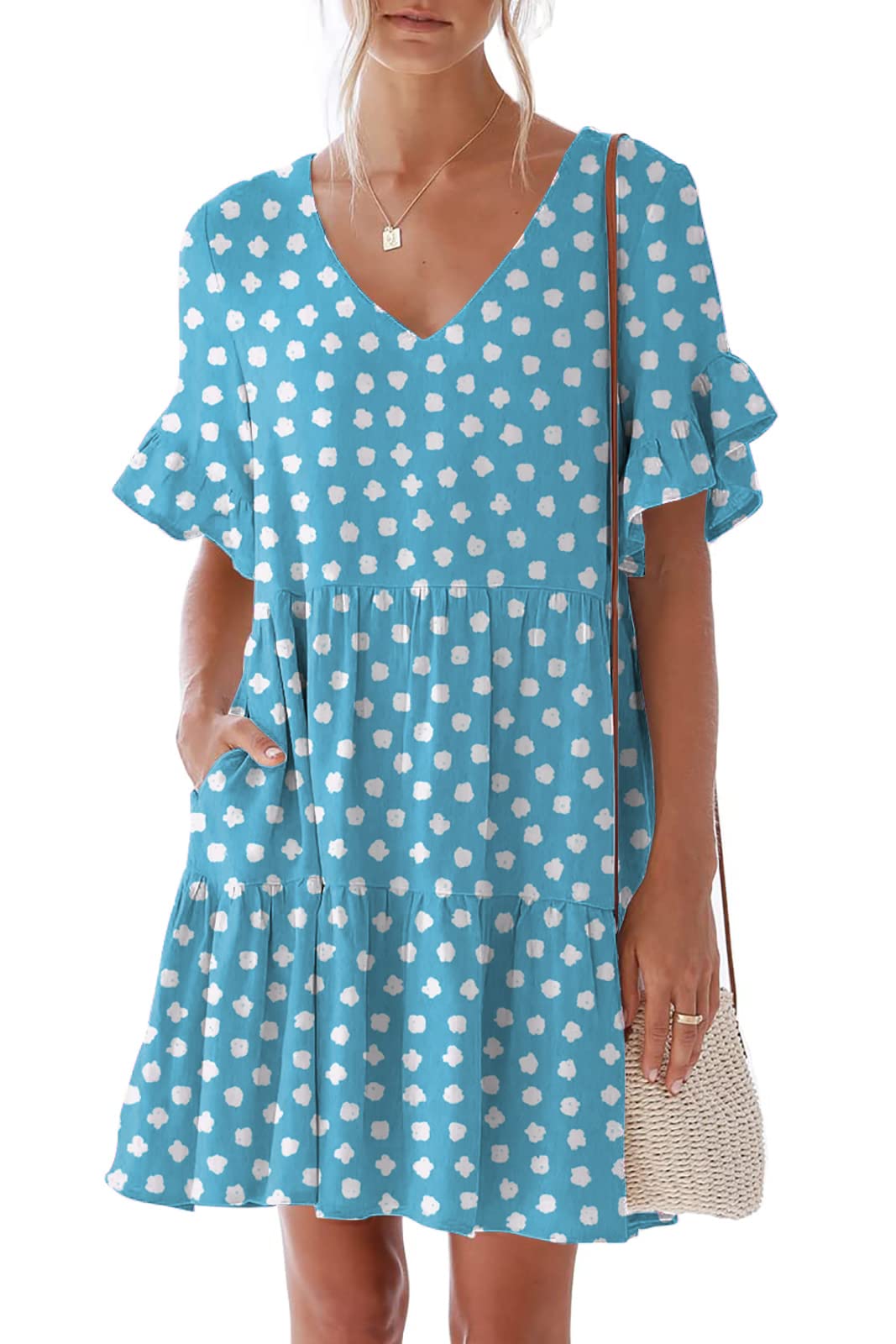 Nclook Women's Summer Casual Dress - Sweet & Cute V-Neck Mini Dress with Pockets, Short Sleeve Ruffles | Perfect for Beach, Vacation, Date Night & Outdoor Activities
