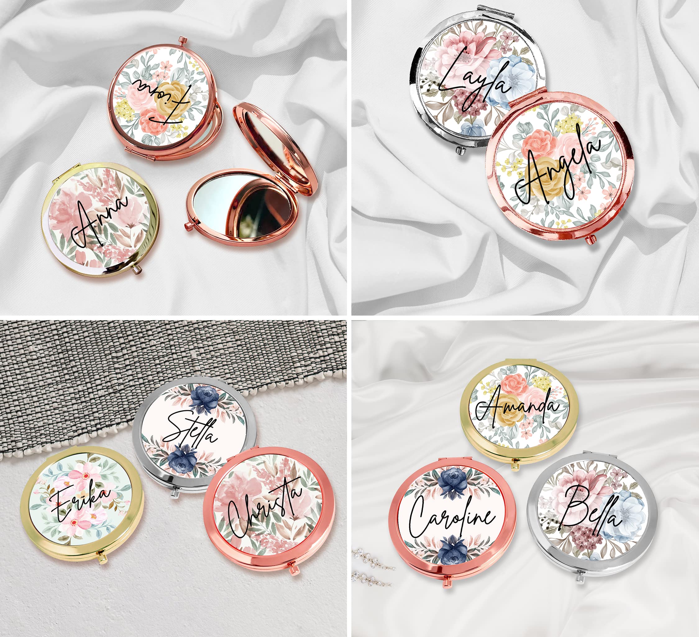 Personalized Floral Compact Mirror - Bridal Party Gift for Travel & Makeup