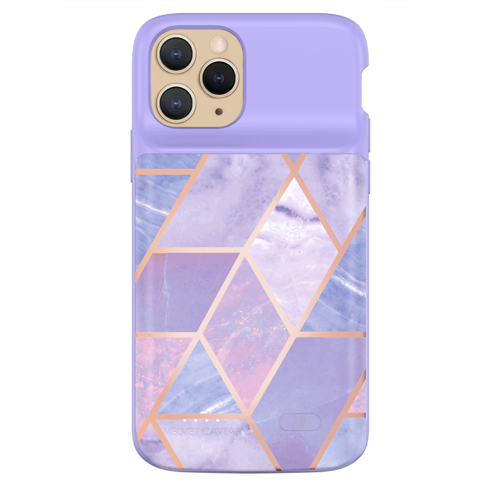 Geometric Pattern Purple iPhone Charging Case - Durable Protective Cover with Built-in Battery for iPhone 12/13/14/15 - Perfect for Travel, Work & Everyday Use