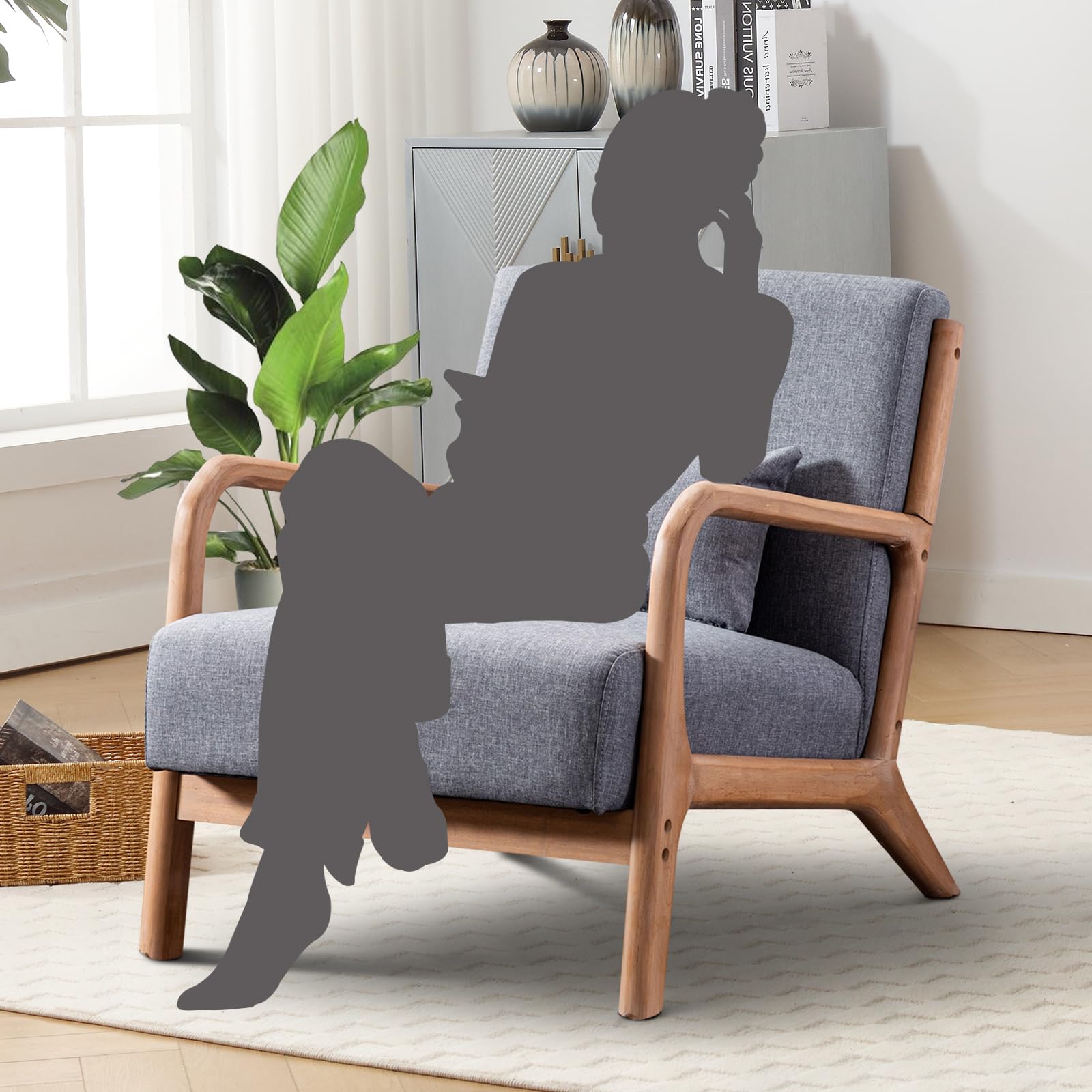 Mid Century Modern Accent Chair - Grey Linen Upholstered Living Room Chair with Solid Wood Frame & Lumbar Pillow - Comfortable Reading Side Chair for Bedroom, Office or Lounge - Easy Assembly Home Decor Furniture