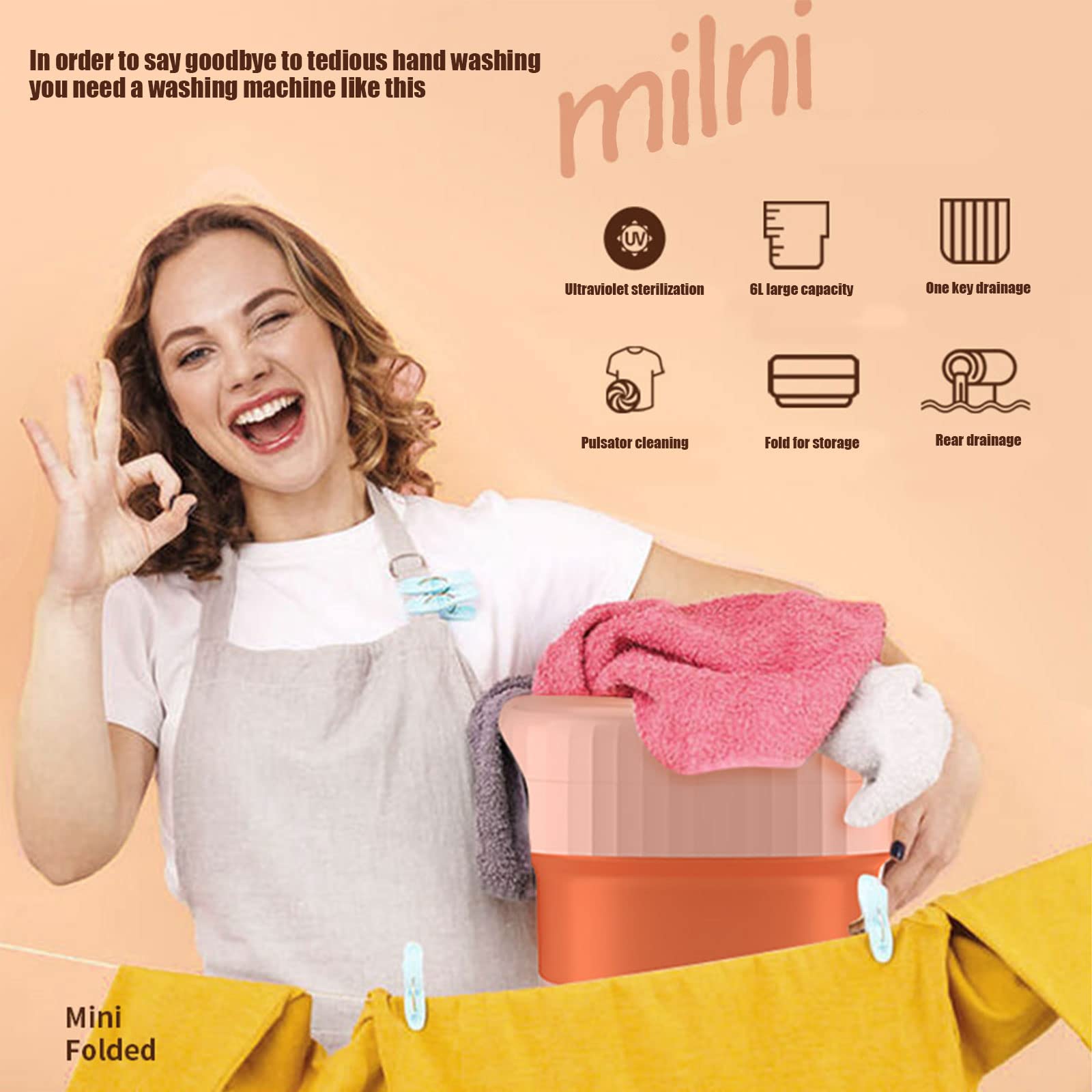 Portable Mini Washing Machine - Foldable Compact Washer for Baby Clothes, Underwear & Delicates | Perfect Gift for Girls & Moms | Ideal for Dorms, Apartments, Travel & Camping (Pink)