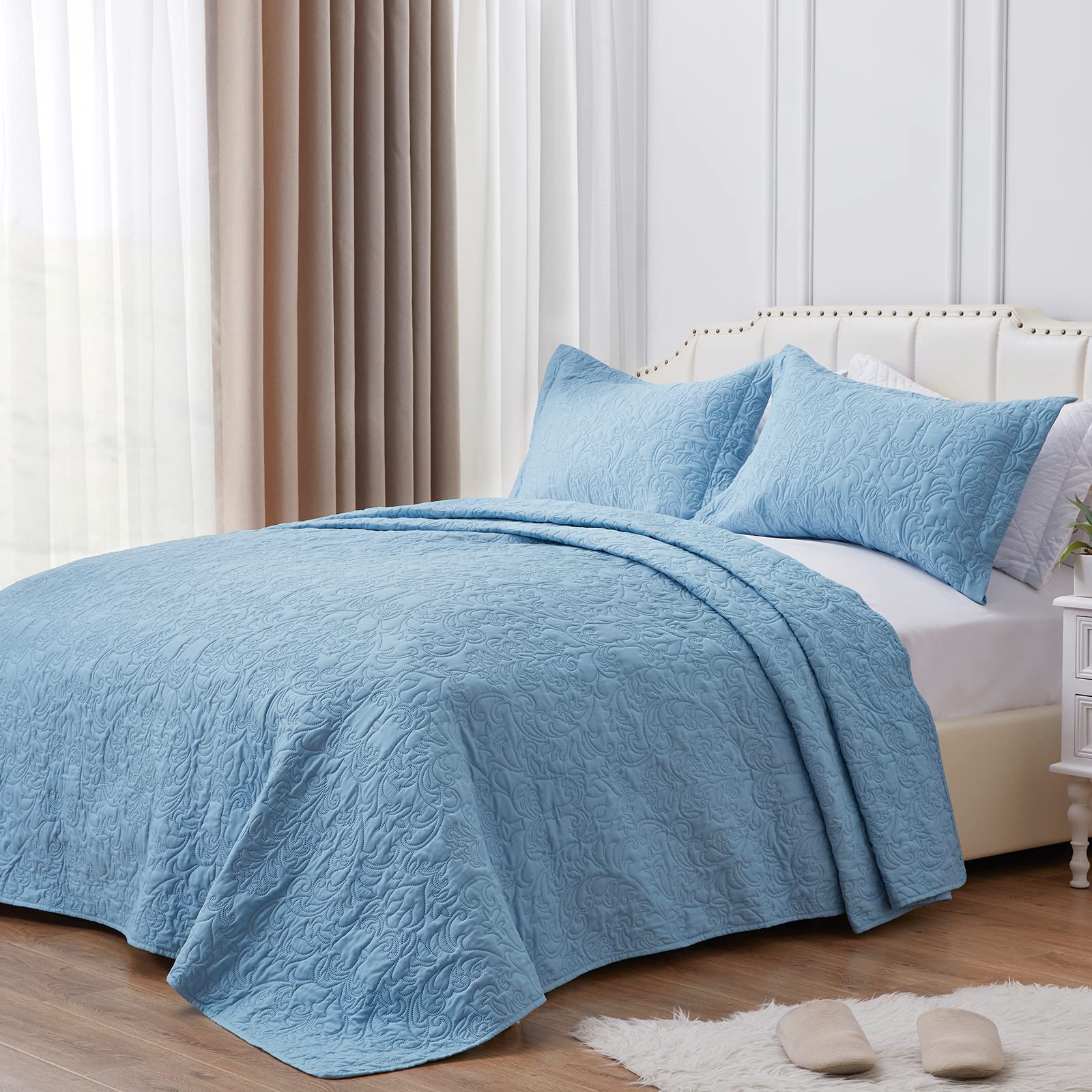 SunStyle Home King Quilt Set - Lightweight Summer Fog Blue Down Alternative Bedspread | 3-Piece All Season Bedding (1 Quilt + 2 Pillow Shams) | Perfect for Guest Rooms, Master Bedrooms & Cozy Home Decor