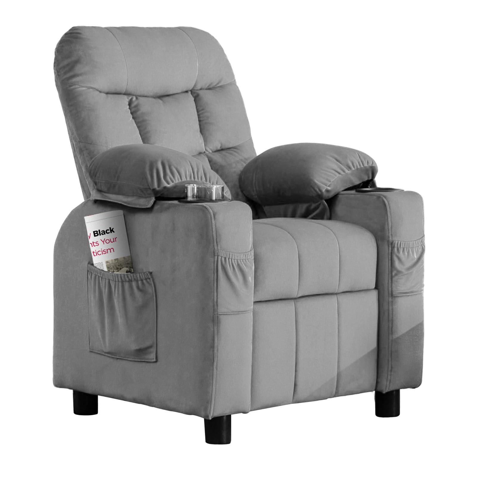 Kids Recliner Chair with Cup Holder - Adjustable Toddler Lounge Chair with Footrest & Side Pockets - Soft Velvet Baby Sofa for Boys & Girls Bedroom (Gray) - Perfect for Reading, Watching TV & Relaxing in Nursery or Playroom