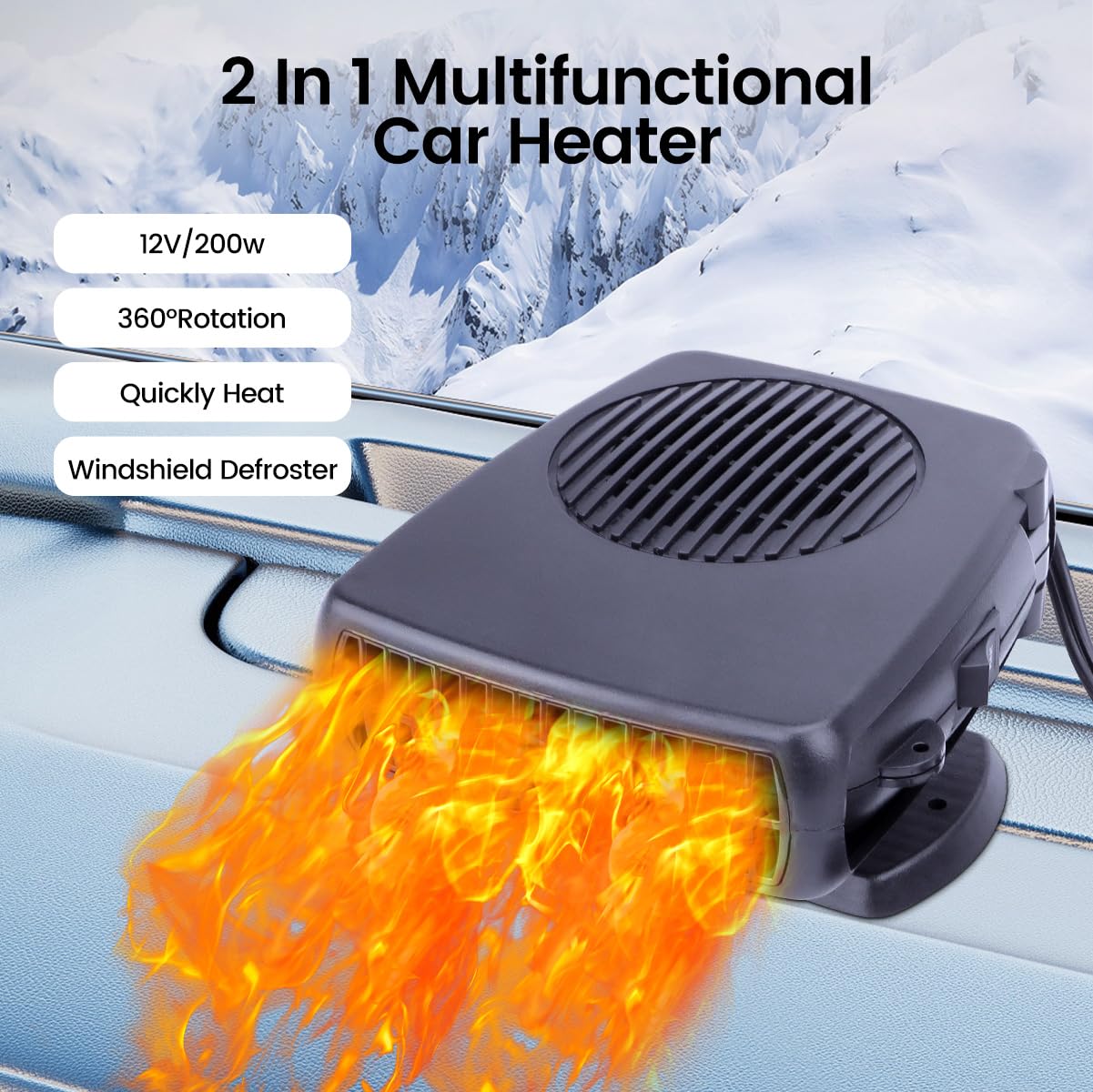 12V 200W Portable Car Heater with Fast Heating & Cooling - Dual Function Auto Fan for Defrosting & Defogging - Ideal for Winter Driving & Quick Temperature Control in Vehicles