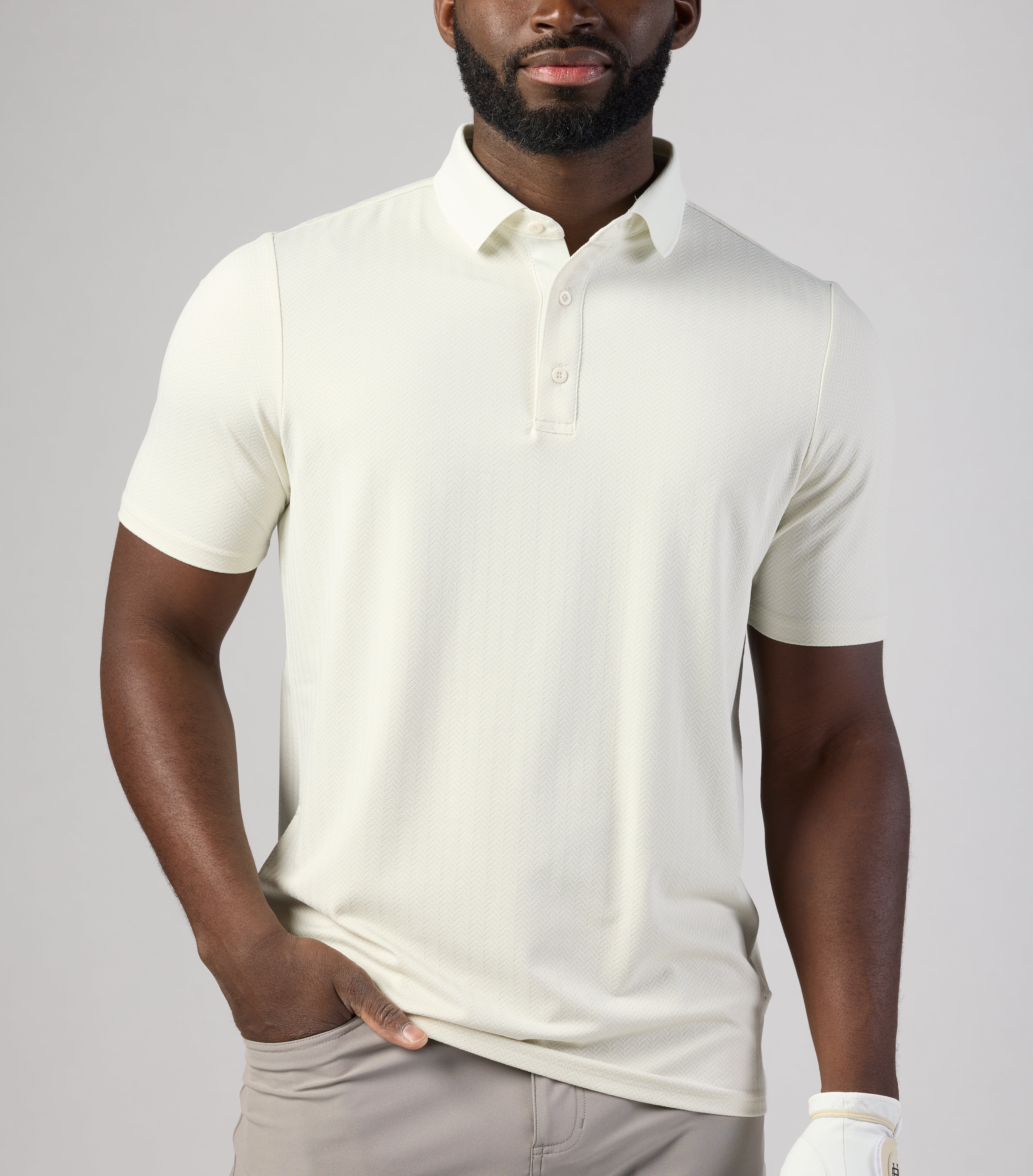 Men's Herringbone Pattern Polo Shirt - Classic Casual Button-Down Collar Shirt for Golf, Business & Everyday Wear