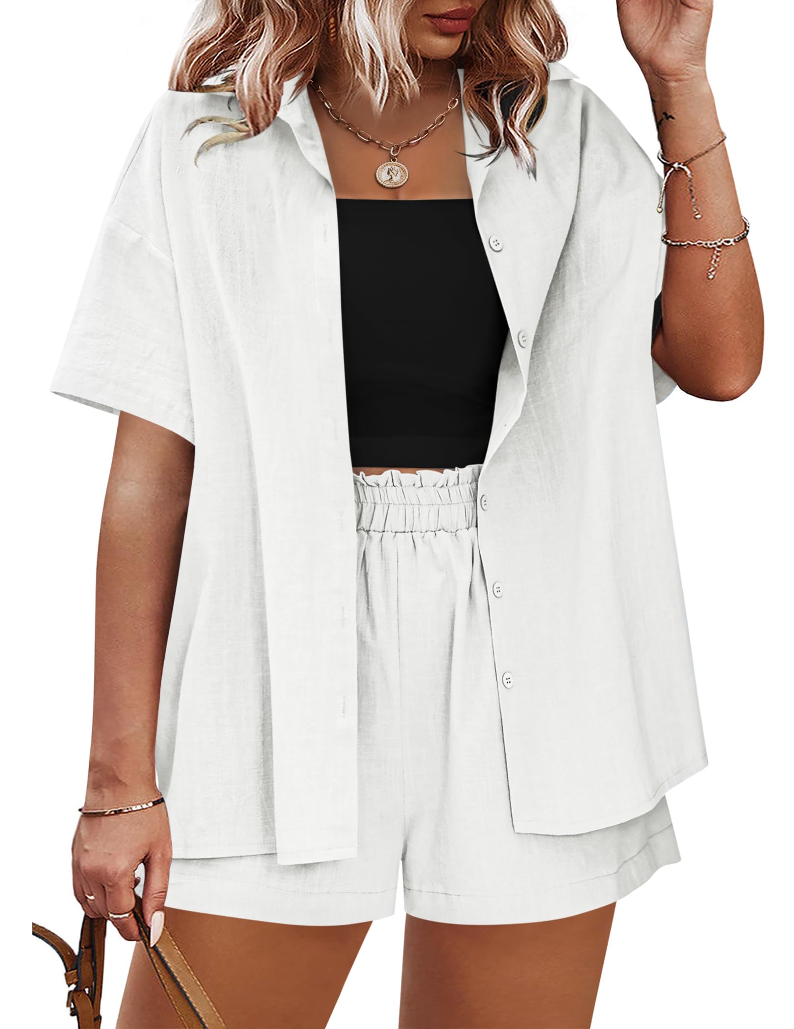 IN'VOLAND Women's Plus Size 2-Piece Cotton Linen Tracksuit Set - Short Sleeve Shirt & Casual Shorts for Summer | Lounge Wear, Vacation Outfit, Street Style Fashion