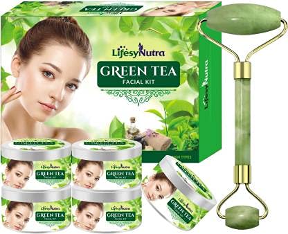 Lifesy Nutra Assam Green Tea Facial Kit [250g] with Roller Massager - Organic Skincare for Glowing Skin, Anti-Aging & Detox - Perfect for Daily Face Therapy & Spa Relaxation at Home