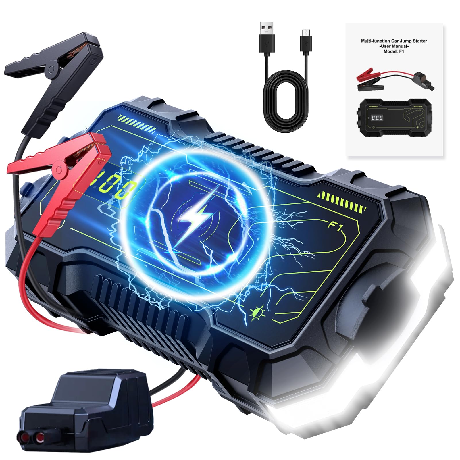 Portable Car Battery Jump Starter with Wireless Charging - 800-1500A Power (Works for 8.0L Gas/6.0L Diesel Engines) - Includes 12V Jumper Cables & USB Port - Emergency Jump Box with 180° Flashlight - Perfect for Roadside Emergencies, Camping & Power Outages