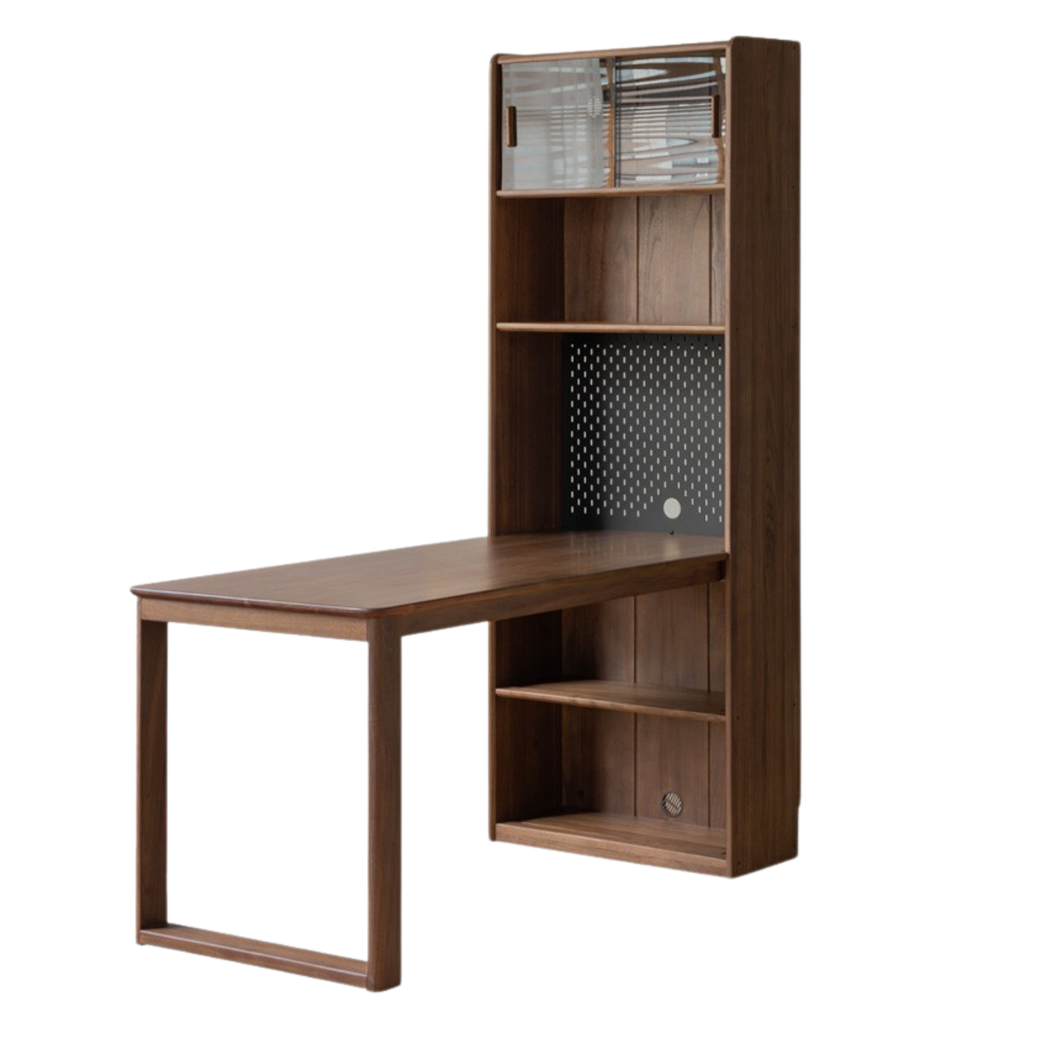 Premium Black Walnut Solid Wood Storage Cabinet with Integrated Office Desk - Modern Light Luxury Style for Home Office & Living Room Organization