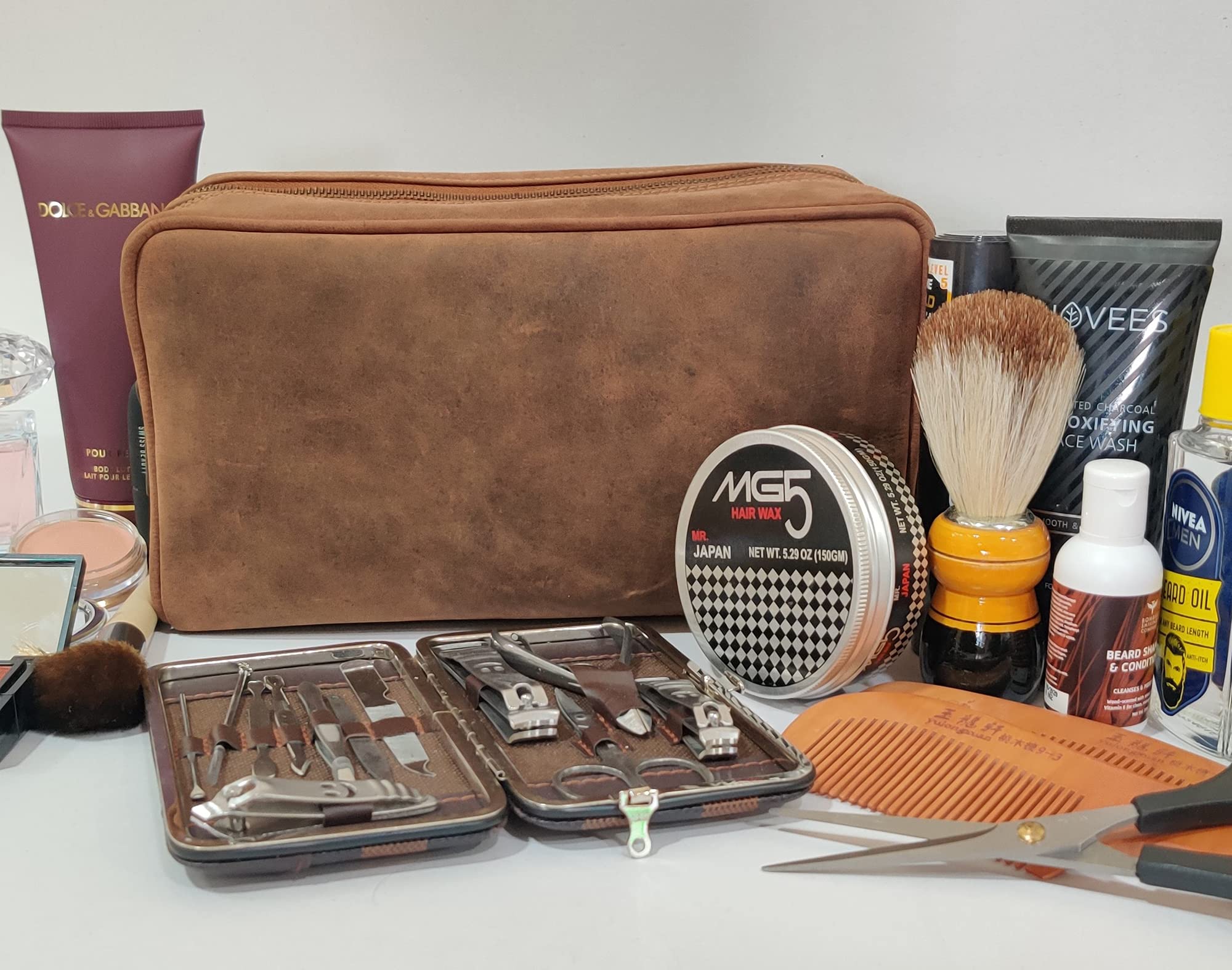 Premium Leather Toiletry Bag Set for Men & Women - Durable Travel Organizer with Rustic Design | Ideal for Gifts, Business Trips & Vacation Essentials (RUSTIC TOWN)