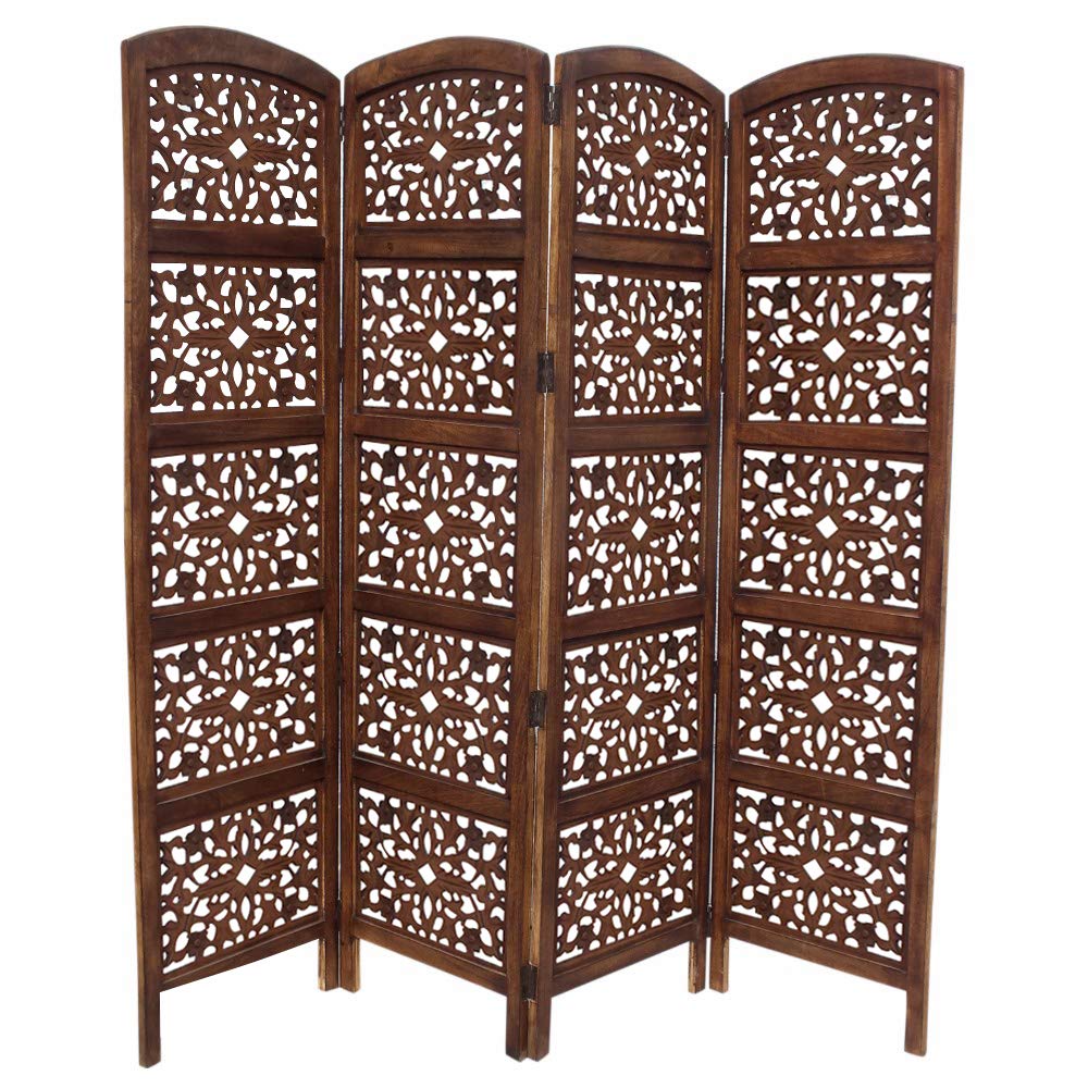 Handmade Foldable 4-Panel Wooden Room Divider Screen - Brown Wood Partition for Home Office, Living Room & Bedroom Privacy | TUP The Urban Port 148948