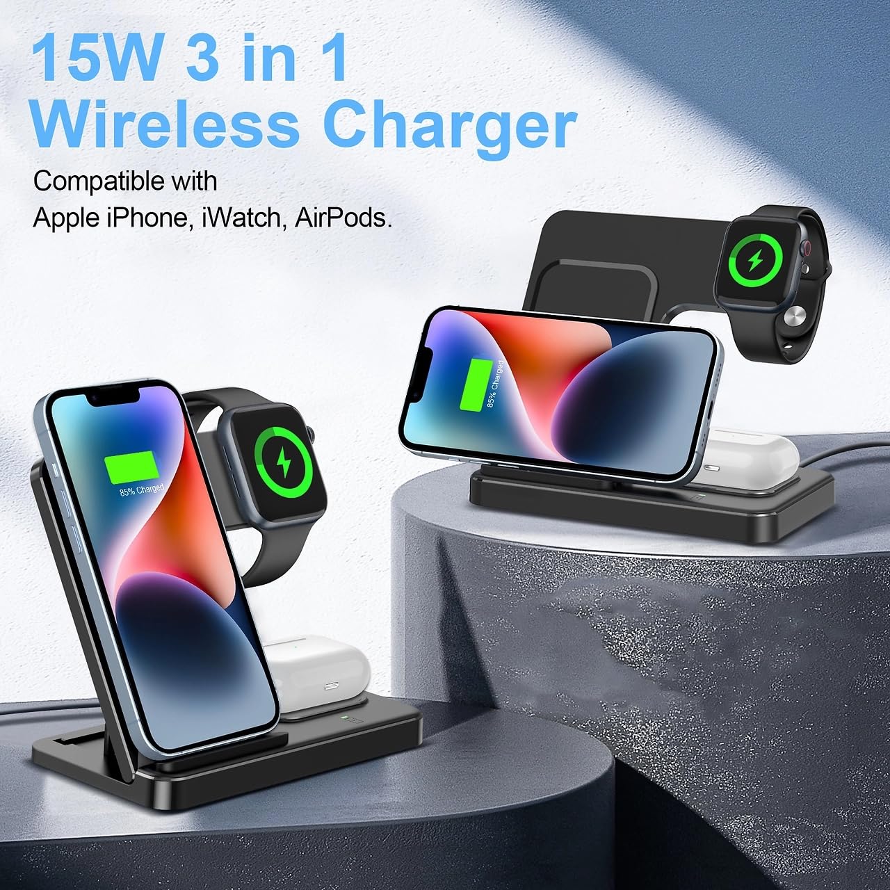 3 in 1 Wireless Charging Station for iPhone 16/15/14/13, Apple Watch & AirPods - Fast Qi-Certified Charger Stand with Night Light | Perfect for Bedside, Office Desk & Travel Accessories
