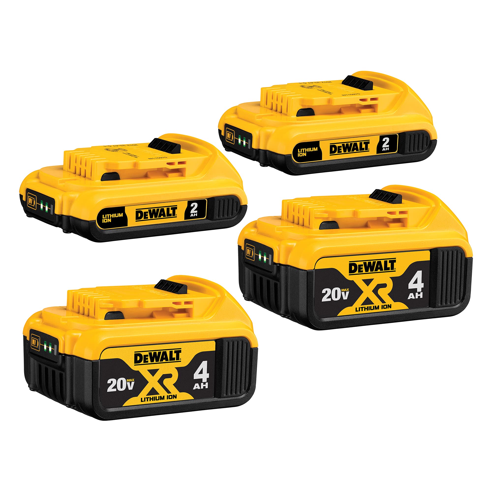 DEWALT 20V MAX Lithium Ion Battery Pack (4Ah & 2Ah, 4-Pack) with Dual Charging Station - Compatible with 12V/20V MAX Tools - Ideal for Construction, DIY Projects & Jobsite Power Needs (DCB3244 & DCB102)