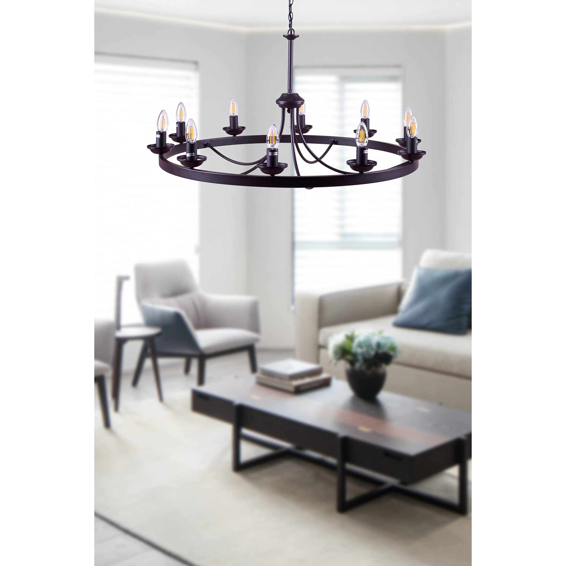 Erica 10-Light Candle Style Wagon Wheel Chandelier - Rustic Farmhouse Ceiling Light Fixture for Dining Room, Living Room & Bedroom Decor