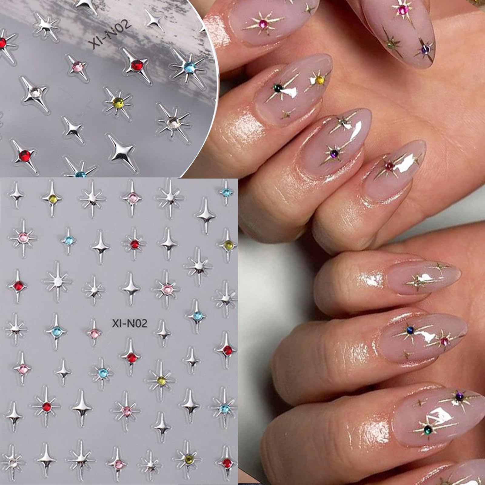 8 Sheets 3D Glitter Star Nail Art Stickers - Self-Adhesive Shiny Nail Decals in Gold, Silver, White & Black | Nail Art Supplies for Women | Perfect for Manicure, Parties, Holidays & Special Occasions