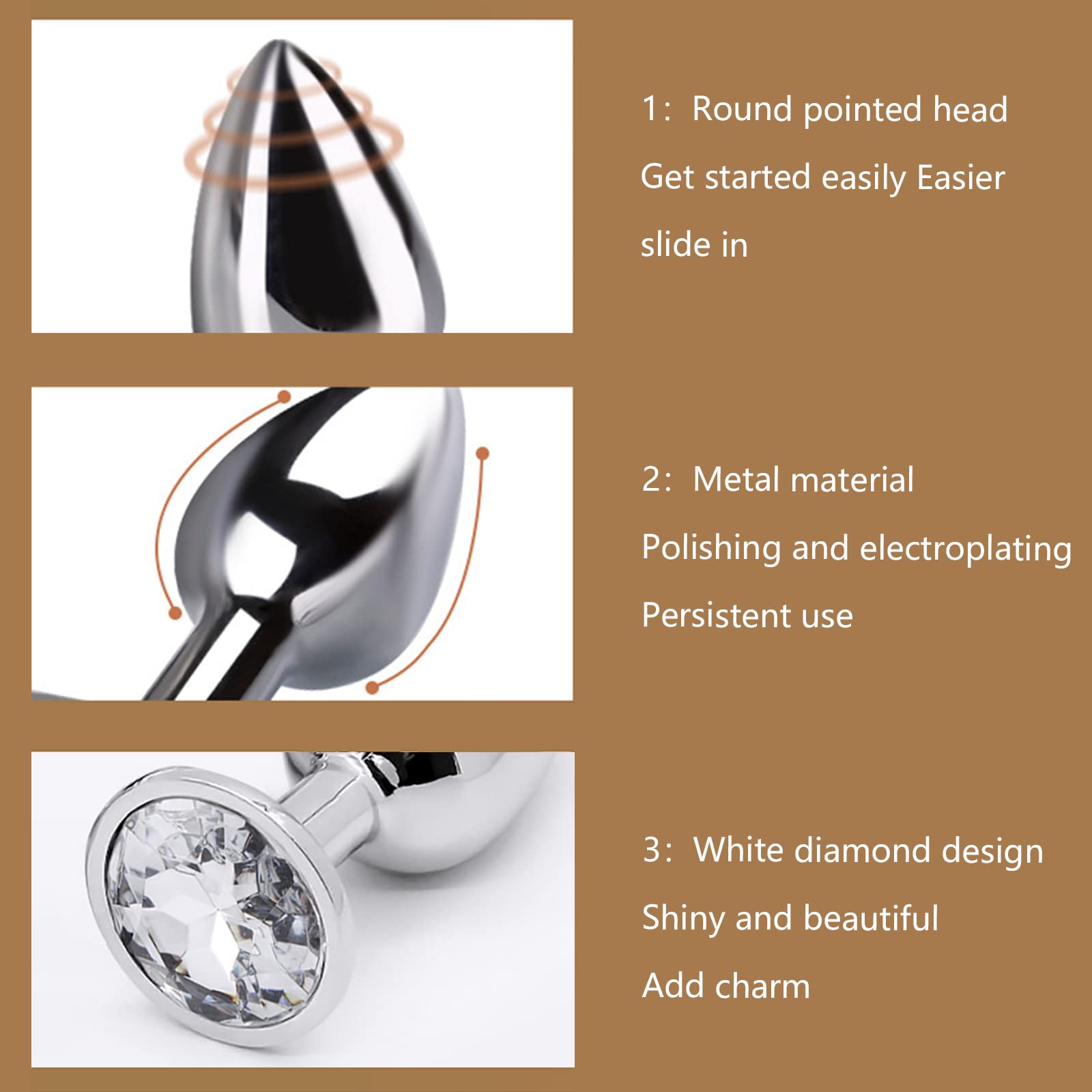 3-Piece Metal Anal Plug Set with Diamond Crystal - S/M/L Sizes for Beginners, Women, Men & Couples - Perfect for Sensual Play, BDSM & Intimate Exploration