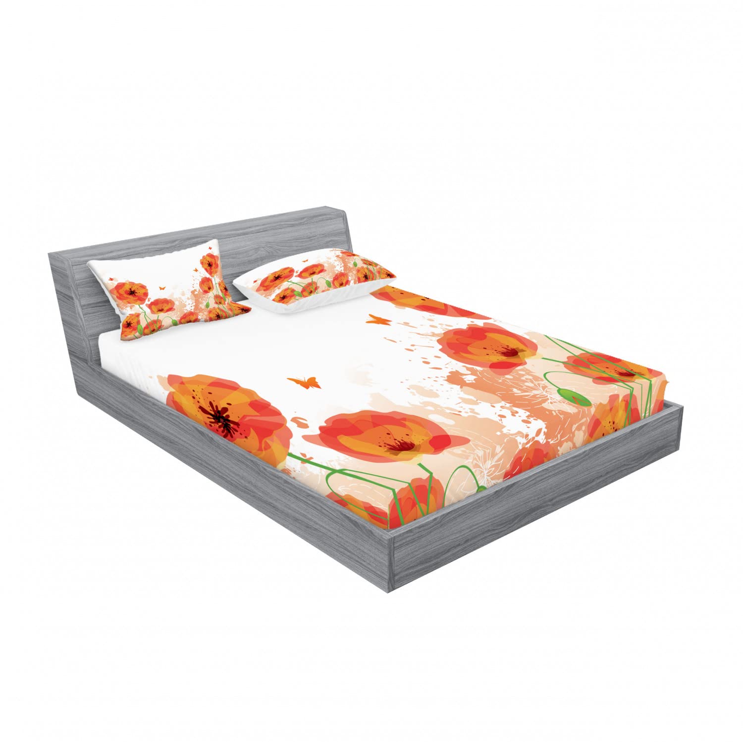 Ambesonne Floral 2-Piece Queen Fitted Sheet Set with 4 Pillow Shams - Watercolor Bridal Design in Red & White - Soft Bedding for Guest Rooms, Master Bedrooms & Vacation Homes