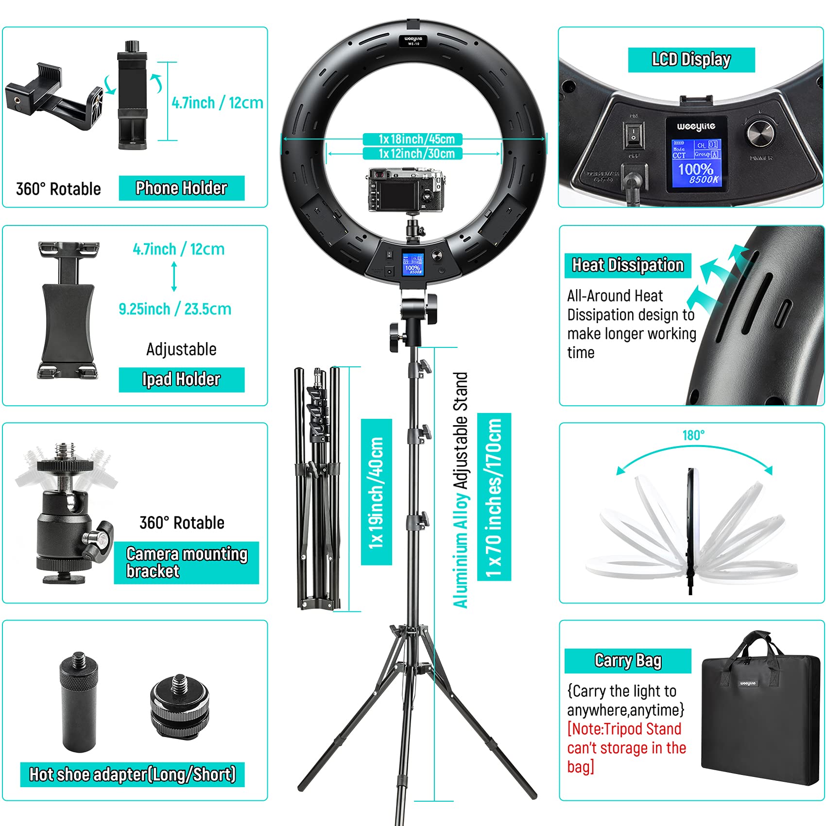 **Weeylite 18-inch RGB Ring Light with Stand & Phone Holder - Dimmable 2500K–8500K, CRI 95+ LED Selfie Light for TikTok, Live Streaming, Makeup, YouTube Videos & Photography - App Control & Remote Included**    *(Perfect for content creators, vloggers, makeup artists, and influencers enhancing lighting for professional-quality videos, photos, and live streams.)*