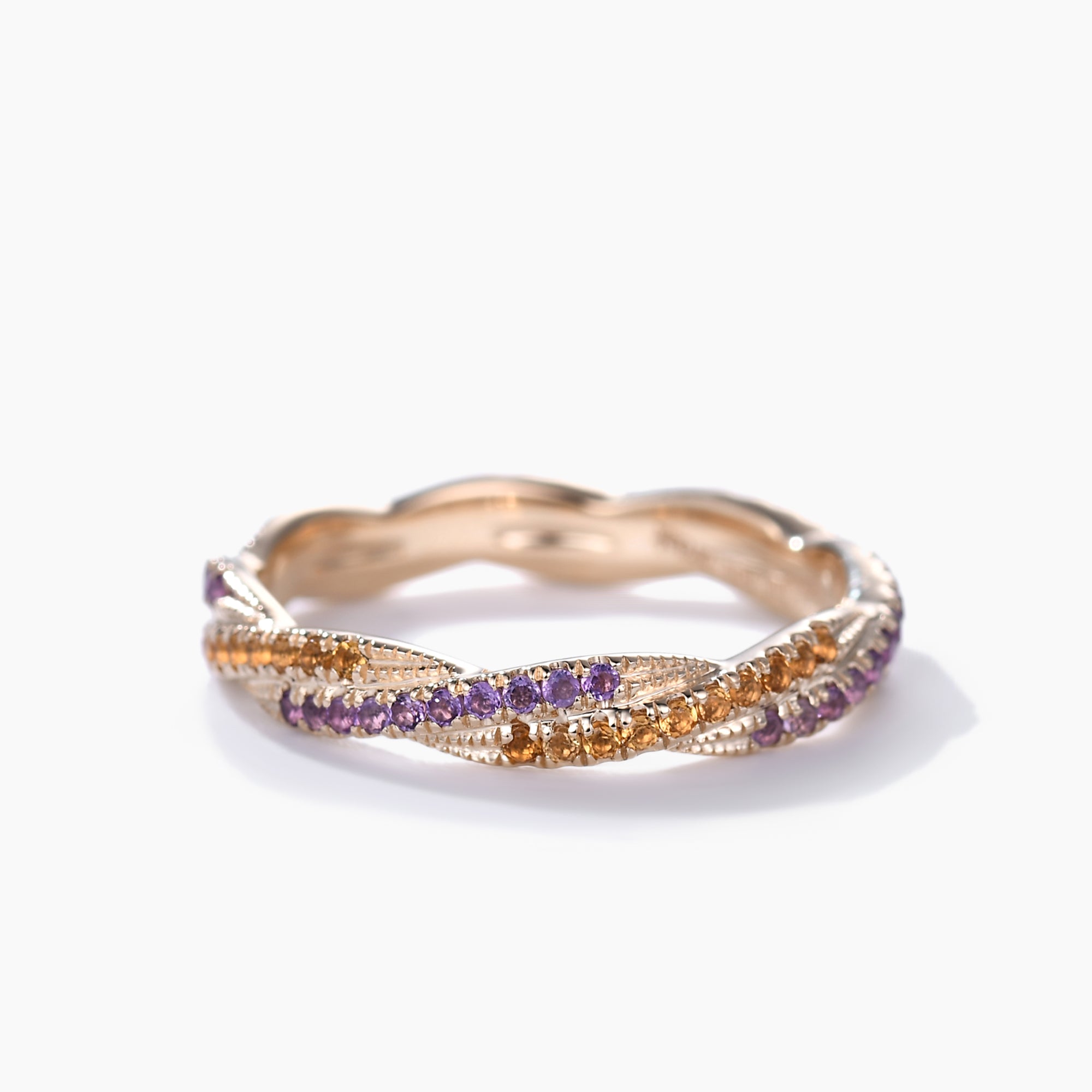Twisted Amethyst & Citrine Yellow Gold Double Wedding Band Full Eternity Ring for Women - Perfect for Anniversaries, Engagements & Special Occasions