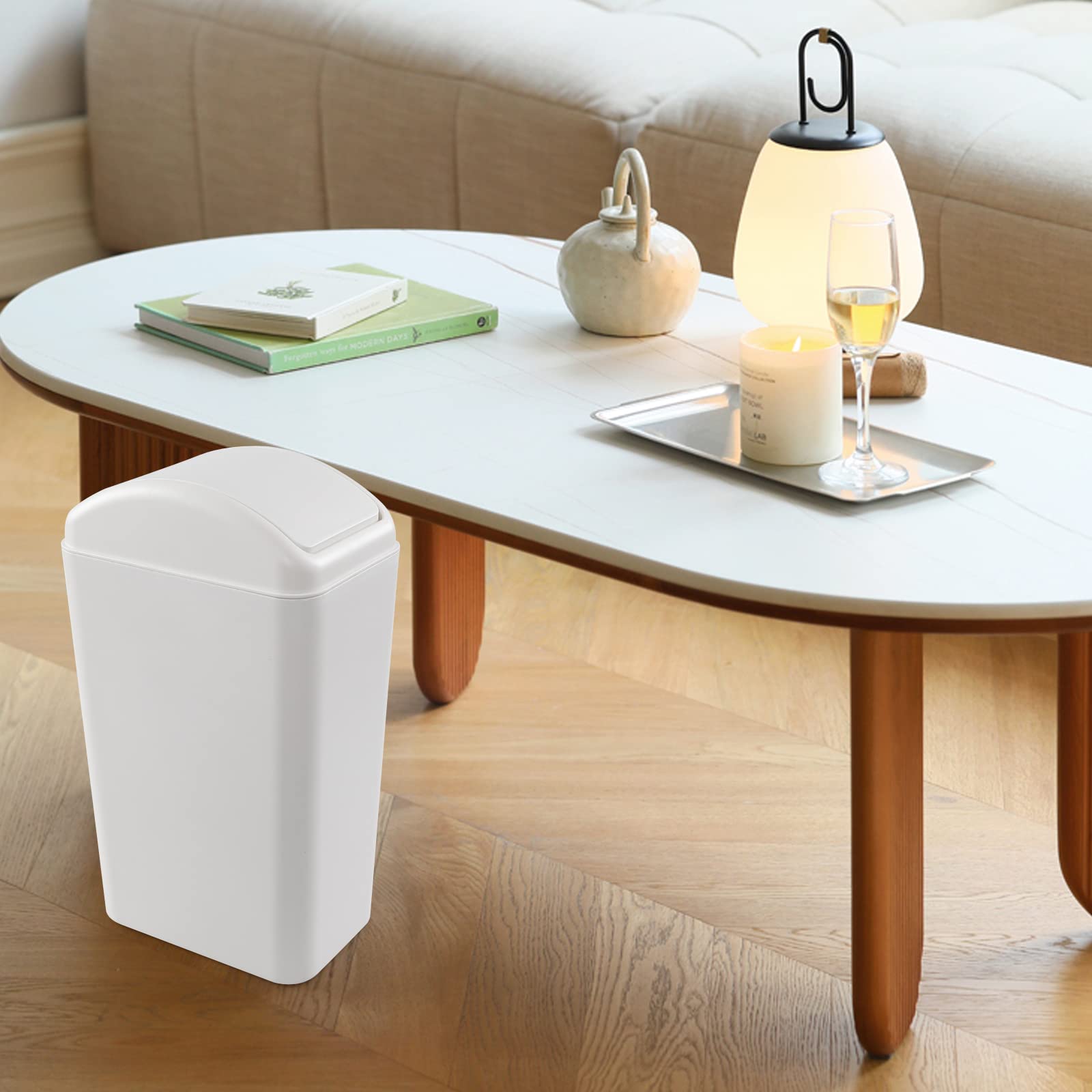 13.2L Slim Plastic Swing Trash Can with Lid - White Kitchen Garbage Bin for Bathroom, Office & Home Use - 1 Pack
