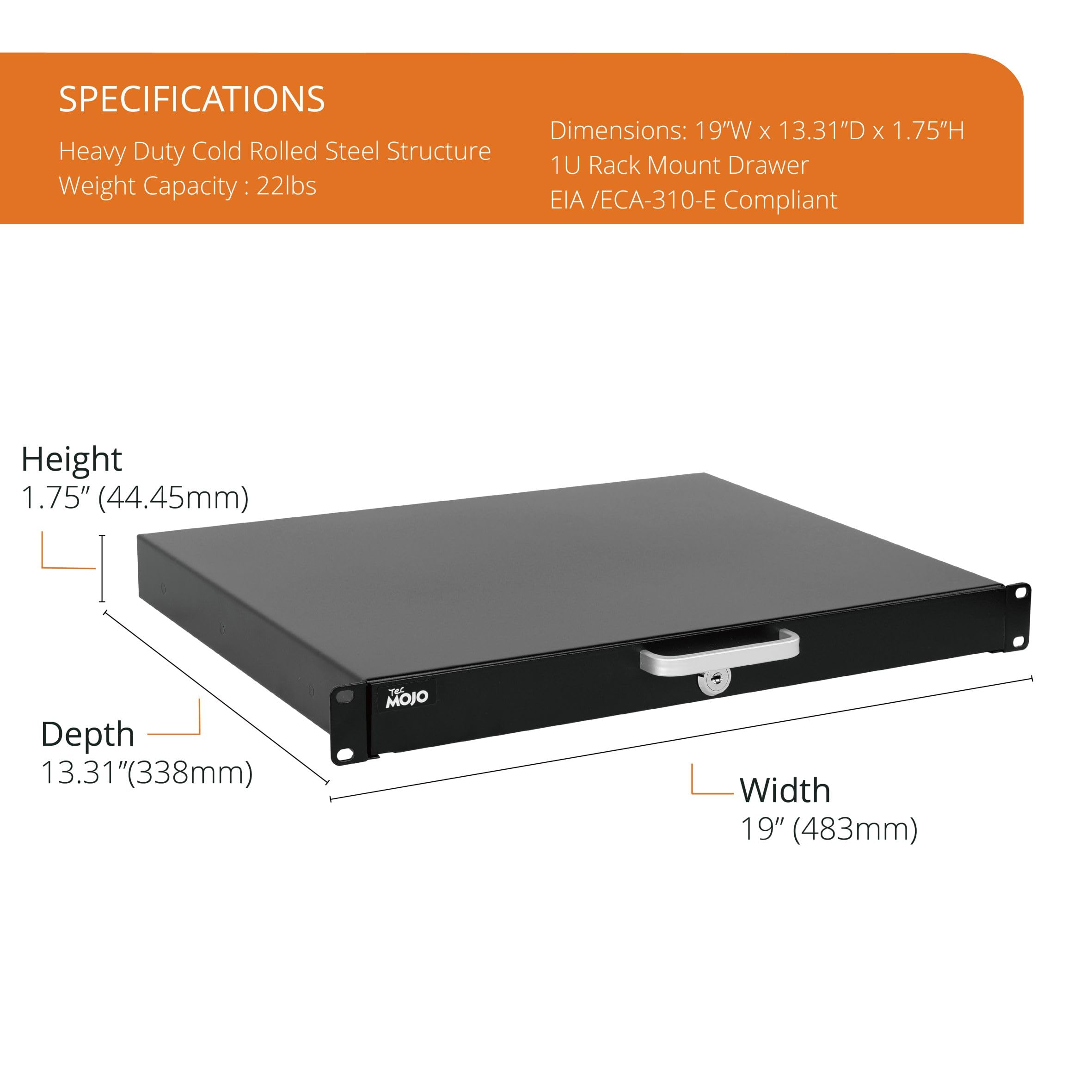 Tecmojo 1U Rack Mount Drawer for 19in Server Rack - Heavy Duty Sliding & Lockable Network Equipment Drawer with Cable Management Holes (22lb Capacity) - Perfect for Data Centers, Home Servers & AV Installations